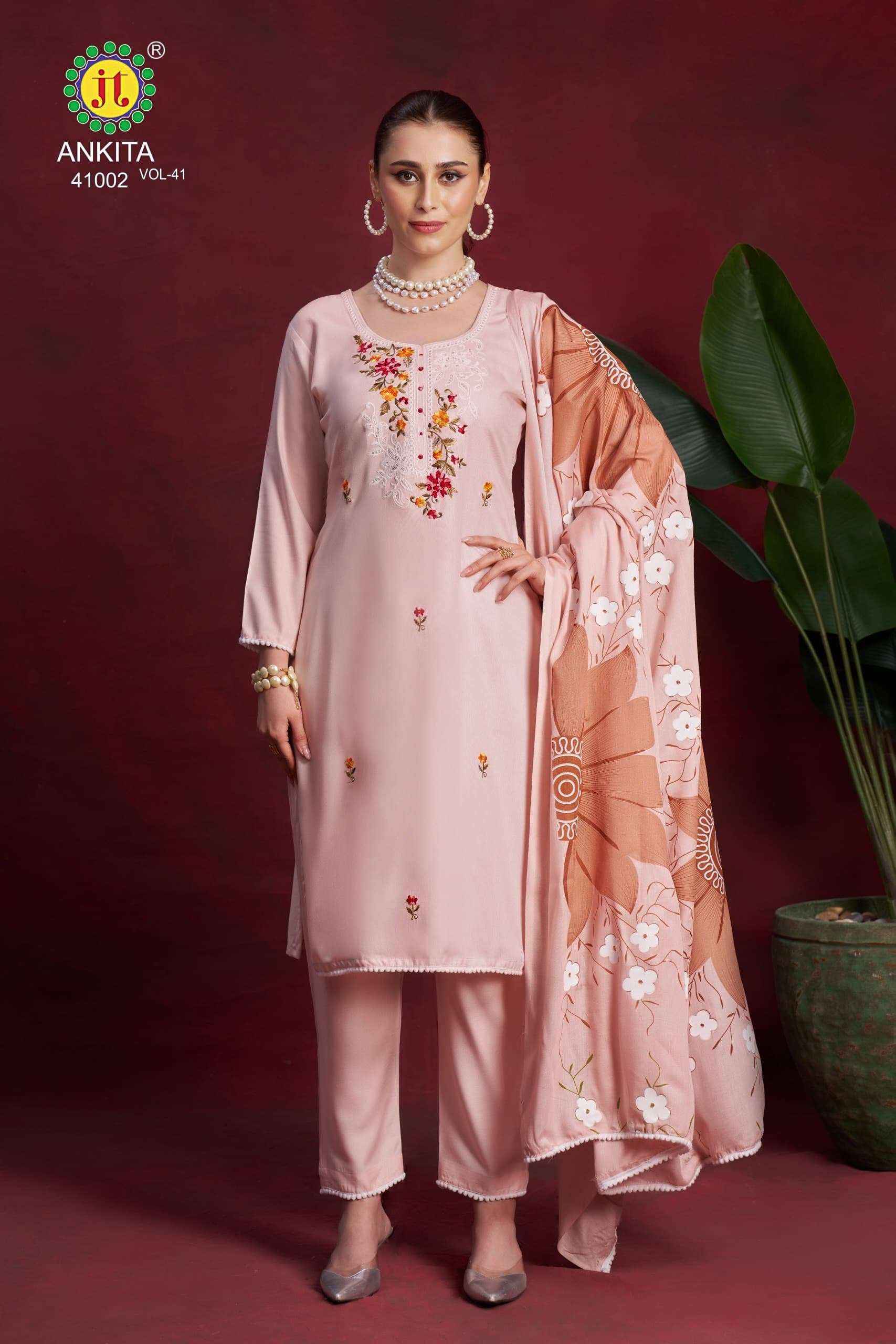 JT ANKITA VOL 41 RAYON FANCY PREMIUM WORKS DRESS MATERIAL ( 5 PCS CATALOG )