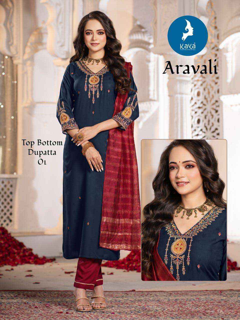 KAYA ARAVALI RAYON FANCY EMBROIDERY WORKS LADIES READYMADE SUIT WHOLESALE PRICE ( 6 PCS CATALOG )