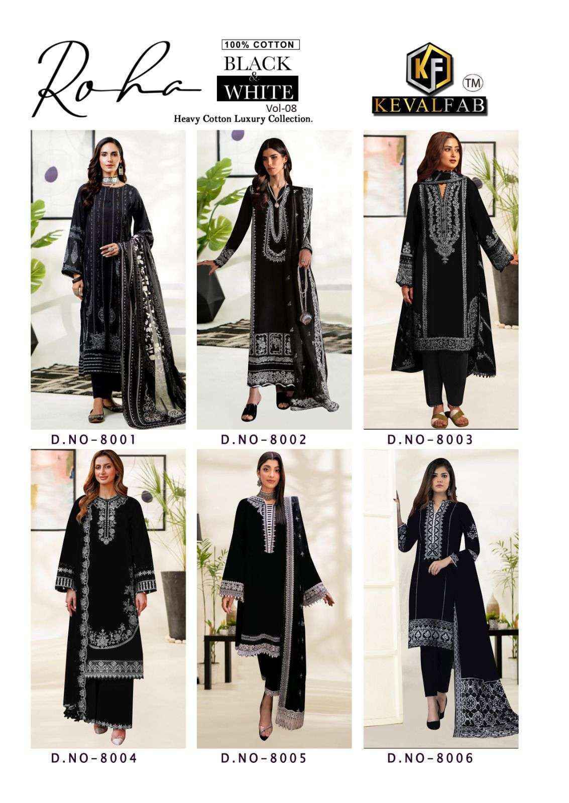 Keval Fab Roha Black & White Vol 8 Cotton Suits Wholesale Price ( 6 pcs Catalogue )