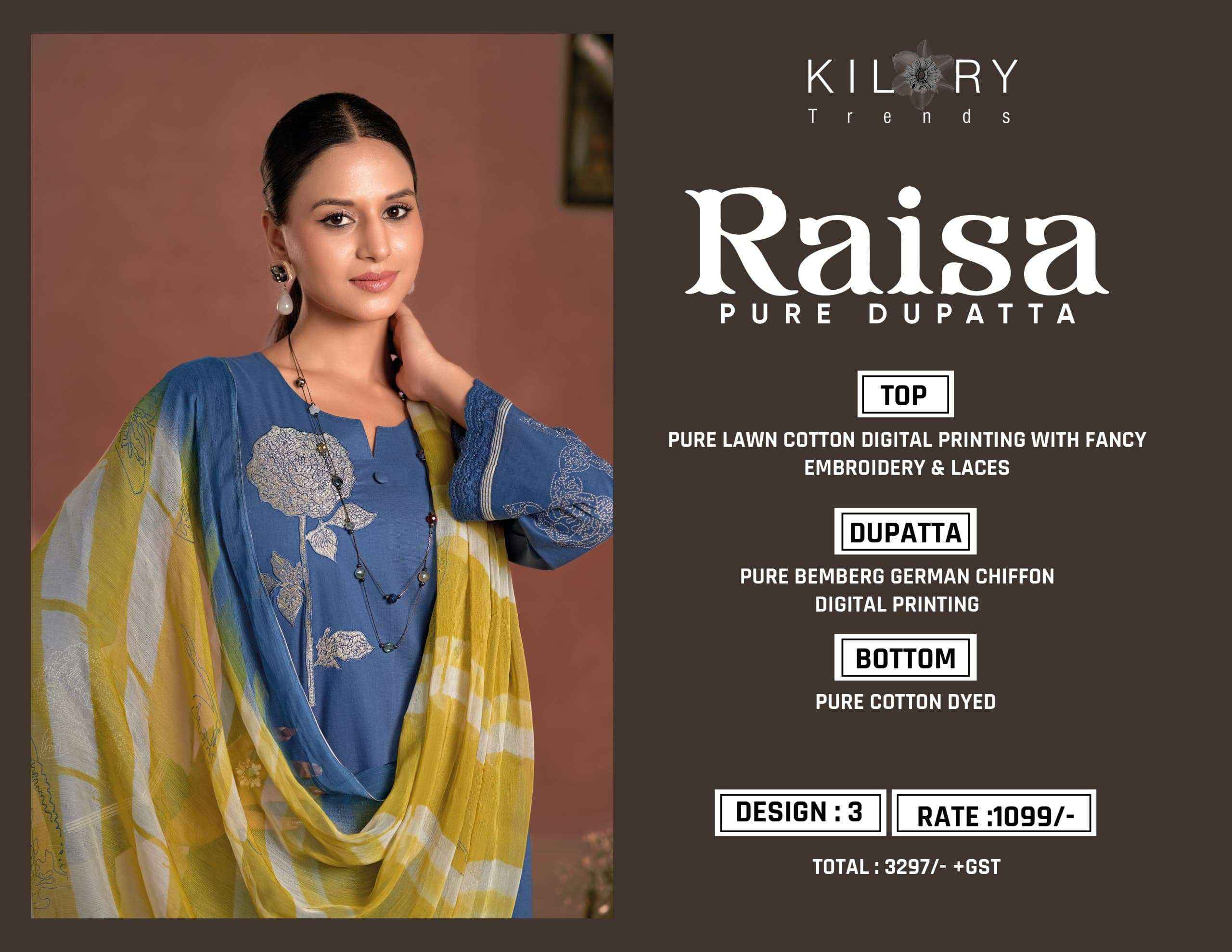 KILORY TRENDS RAISA LAWN COTTON PRINT WITH FANCY DRESS MATERIAL WHOLESALE PRICE ( 3 PCS CATALOG )