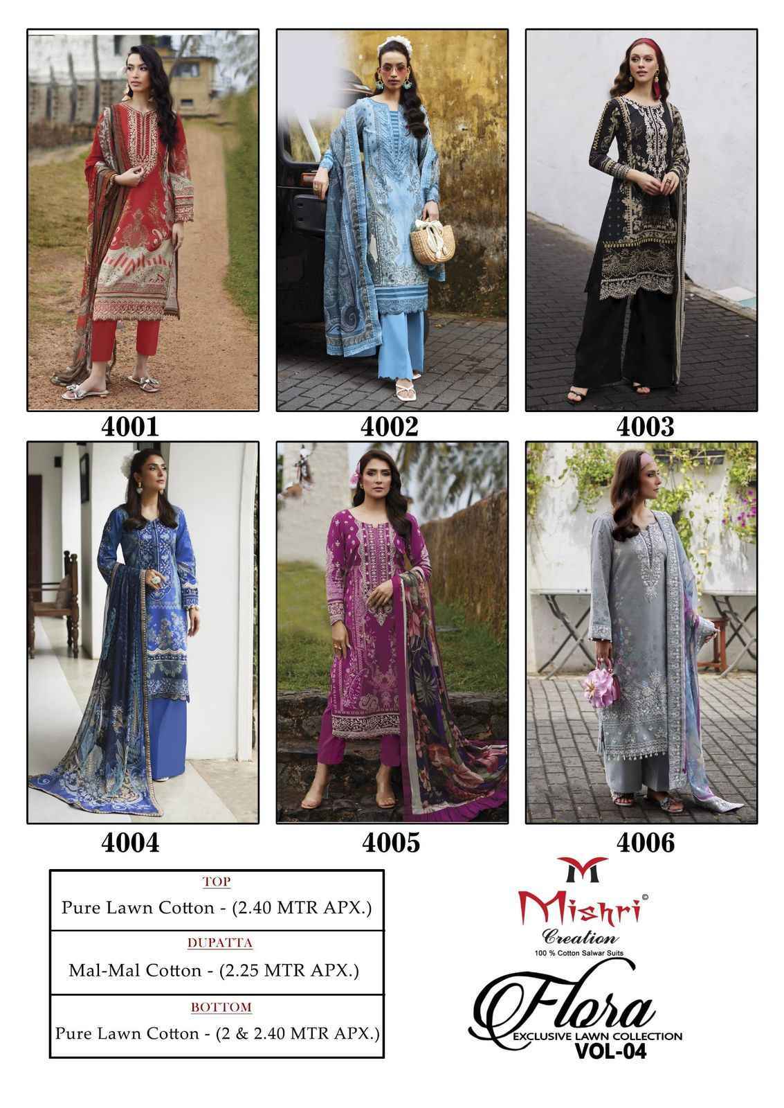 Mishri Creation Flora Vol 4 Lawn Cotton Dress Material Wholesale Price ( 6 Pcs Catalog )