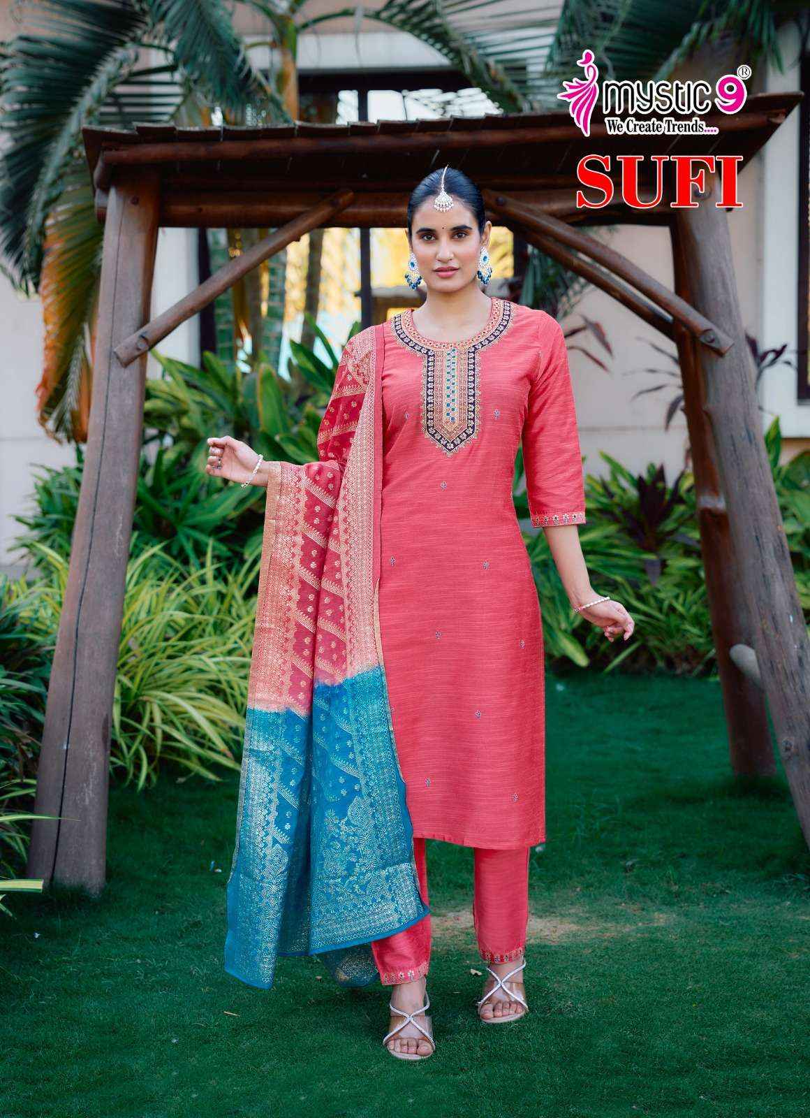 MYSTIC 9 SUFI VOL 1 BANGLORE SILK FANCY EMBROIDERY KURTI COMBO SET WHOLESALE RATE ( 8 PCS CATALOG )