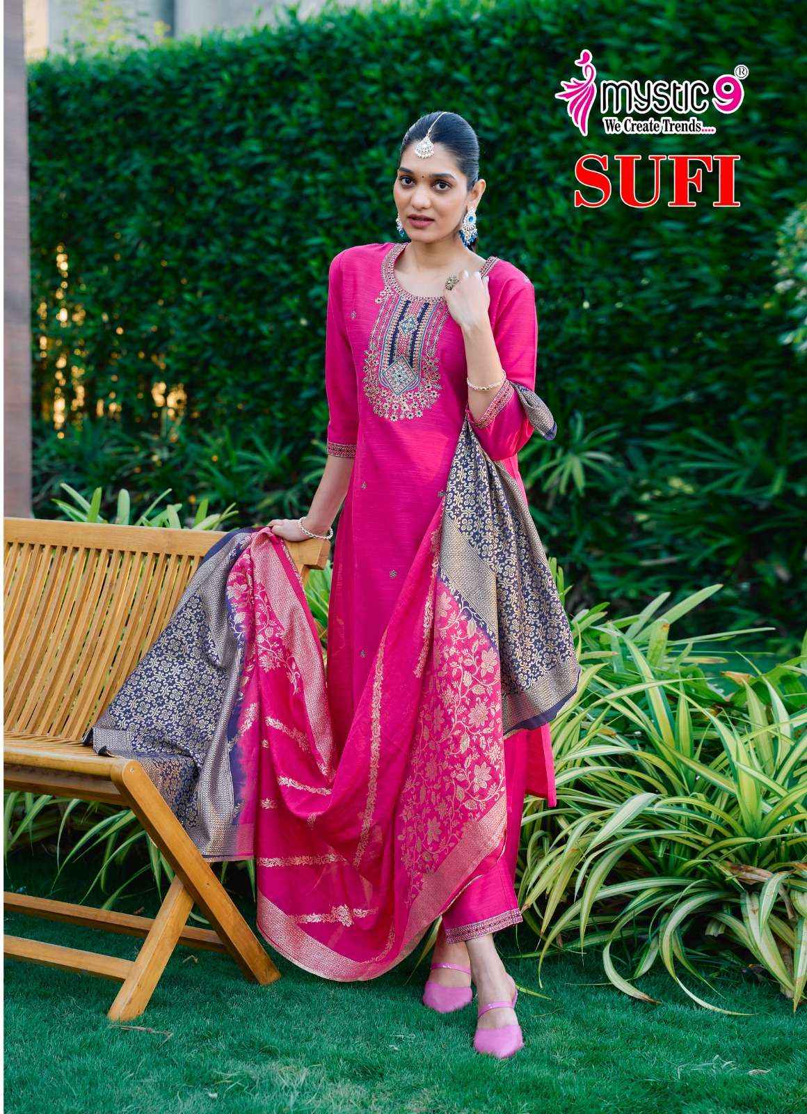 MYSTIC 9 SUFI VOL 1 BANGLORE SILK FANCY EMBROIDERY KURTI COMBO SET WHOLESALE RATE ( 8 PCS CATALOG )