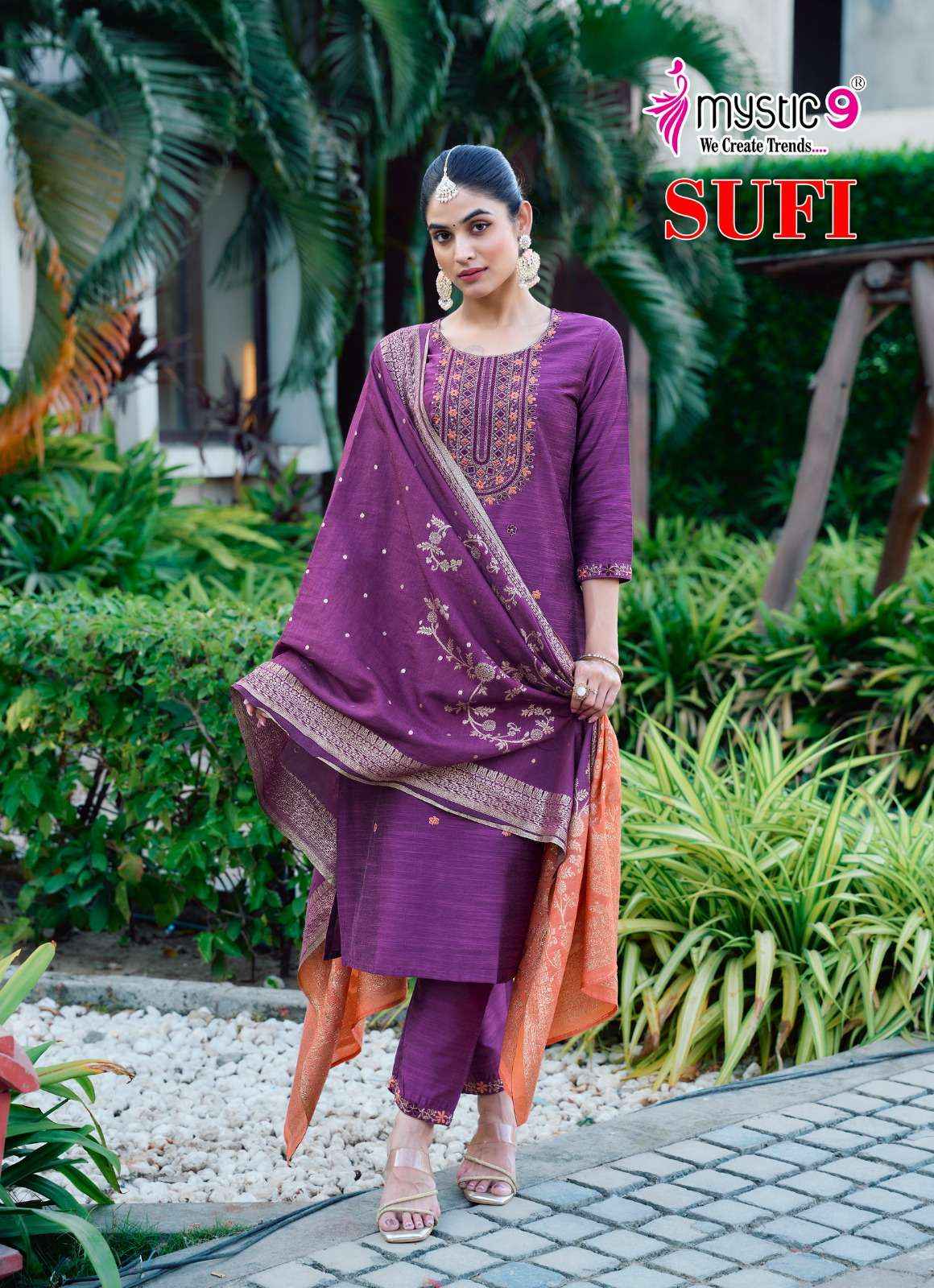 MYSTIC 9 SUFI VOL 1 BANGLORE SILK FANCY EMBROIDERY KURTI COMBO SET WHOLESALE RATE ( 8 PCS CATALOG )