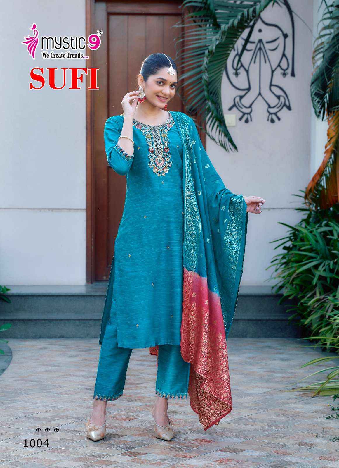 MYSTIC 9 SUFI VOL 1 BANGLORE SILK FANCY EMBROIDERY KURTI COMBO SET WHOLESALE RATE ( 8 PCS CATALOG )