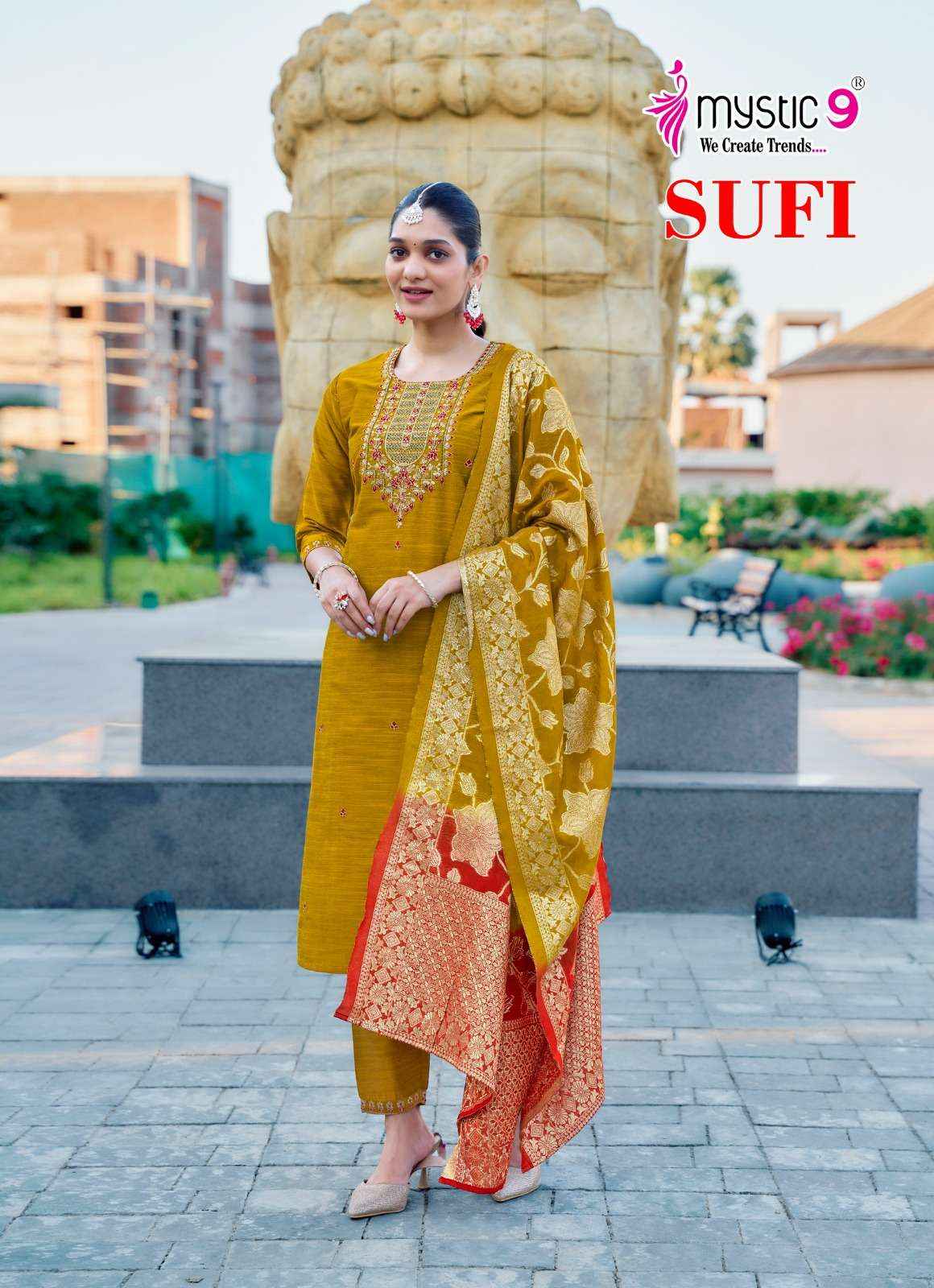 MYSTIC 9 SUFI VOL 1 BANGLORE SILK FANCY EMBROIDERY KURTI COMBO SET WHOLESALE RATE ( 8 PCS CATALOG )