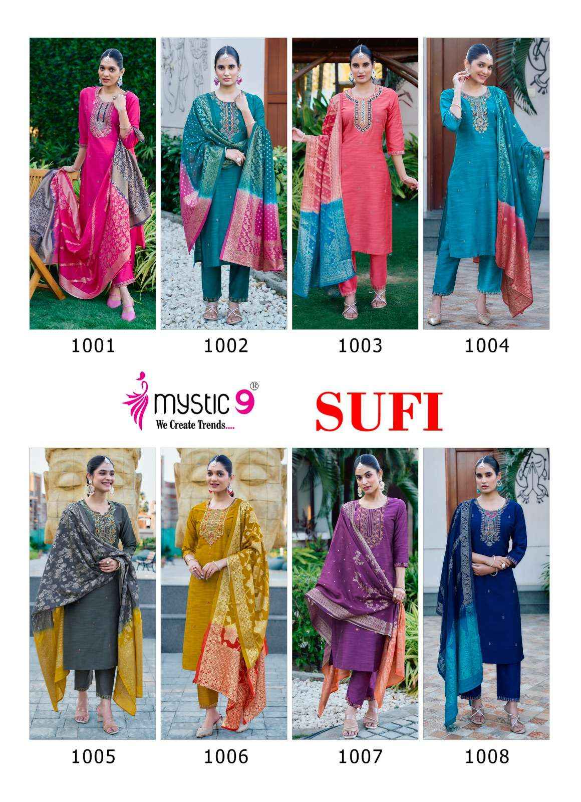 MYSTIC 9 SUFI VOL 1 BANGLORE SILK FANCY EMBROIDERY KURTI COMBO SET WHOLESALE RATE ( 8 PCS CATALOG )