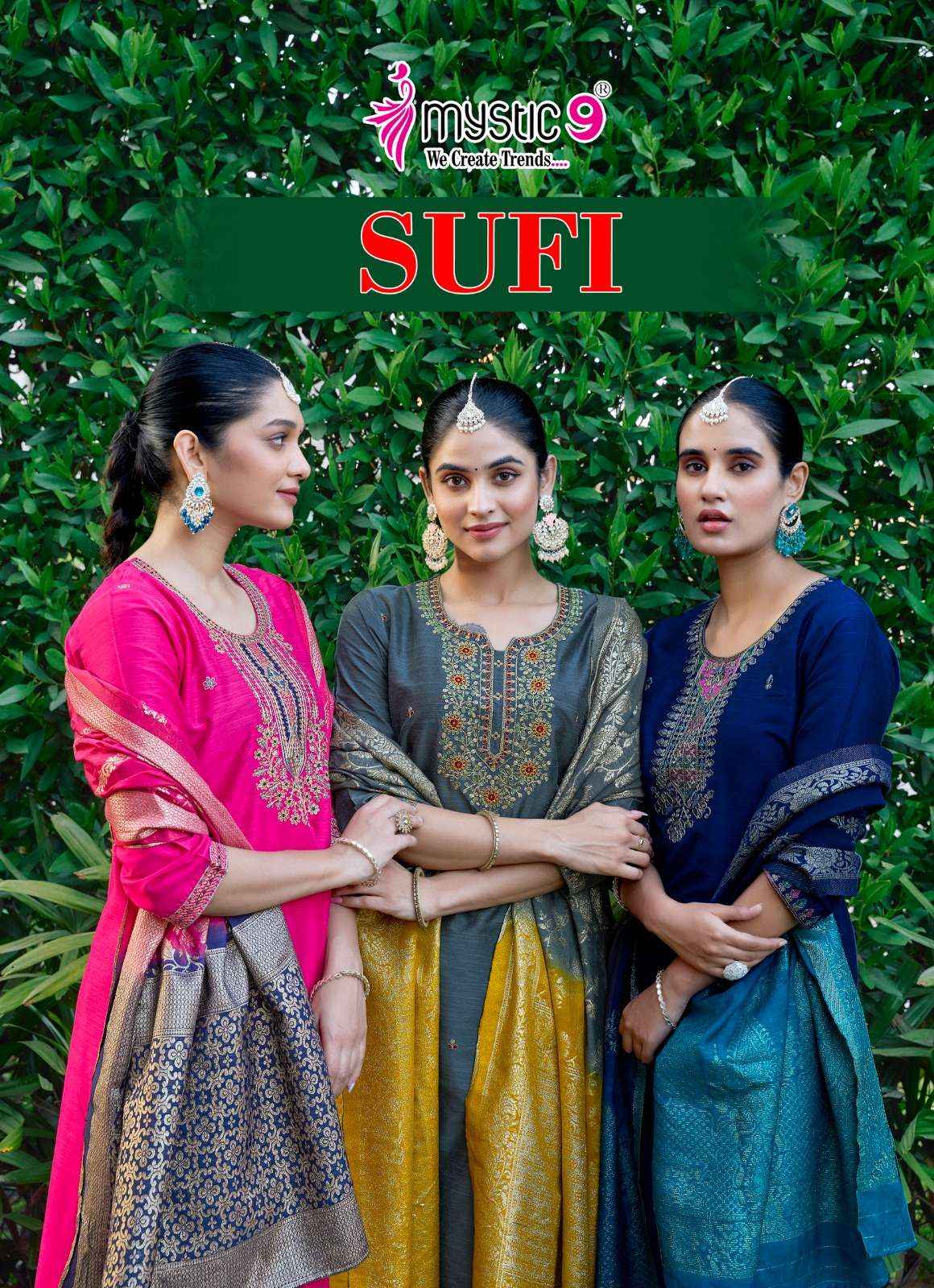MYSTIC 9 SUFI VOL 1 BANGLORE SILK FANCY EMBROIDERY KURTI COMBO SET WHOLESALE RATE ( 8 PCS CATALOG )