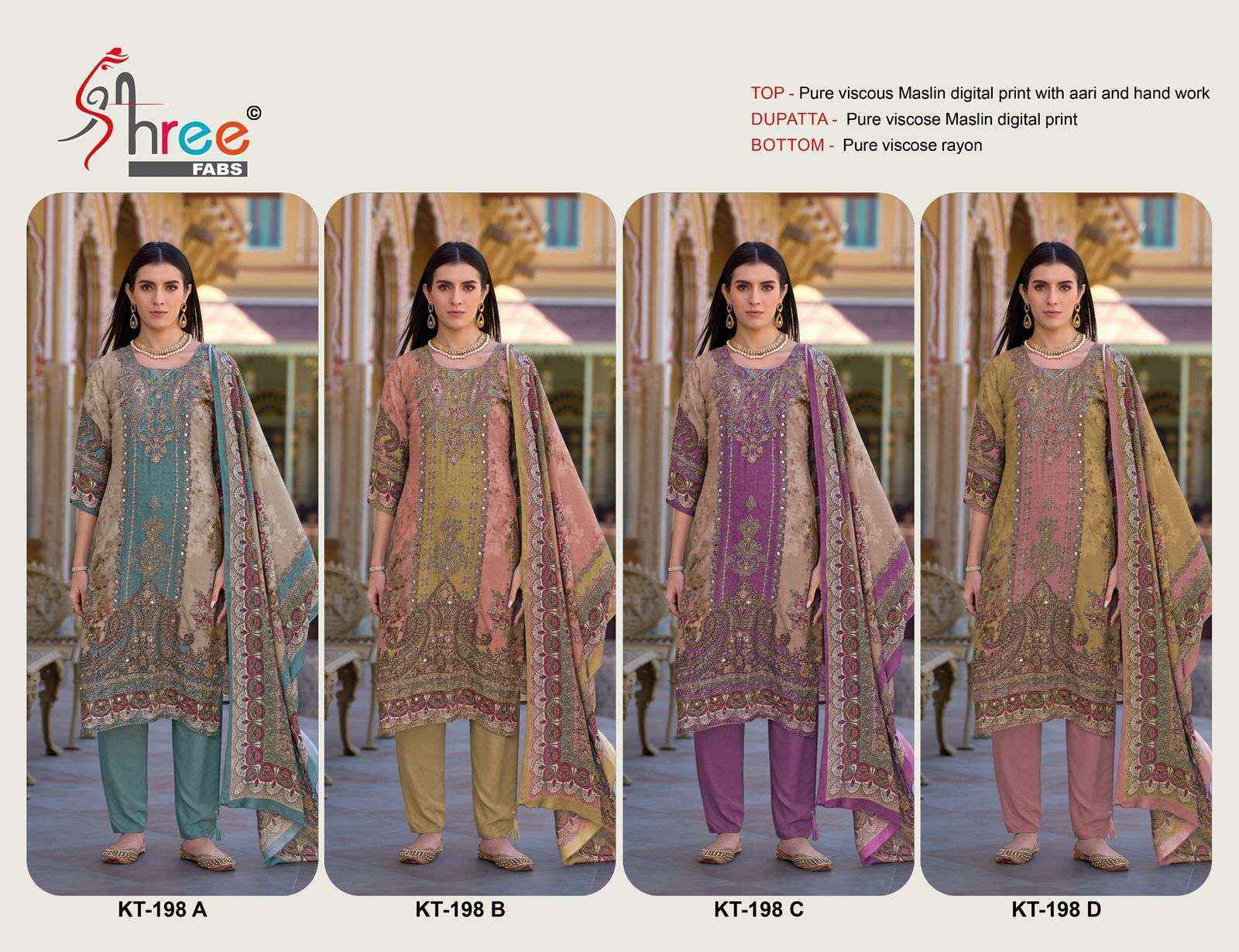SHREE FAB DESIGN NO - KT - 198 PURE VISCOSE MUSLIN DIGUTAL PRINT AARI HAND WORK PAKISTANI SALWAR KAMEEZ WHOLESALE PRICE ( 4 PCS CATALOG )