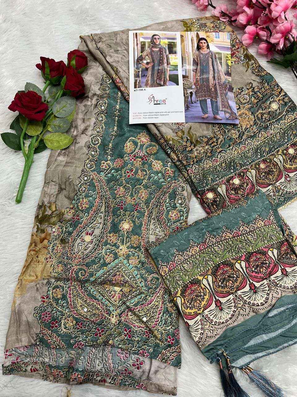 SHREE FAB DESIGN NO - KT - 198 PURE VISCOSE MUSLIN DIGUTAL PRINT AARI HAND WORK PAKISTANI SALWAR KAMEEZ WHOLESALE PRICE ( 4 PCS CATALOG )