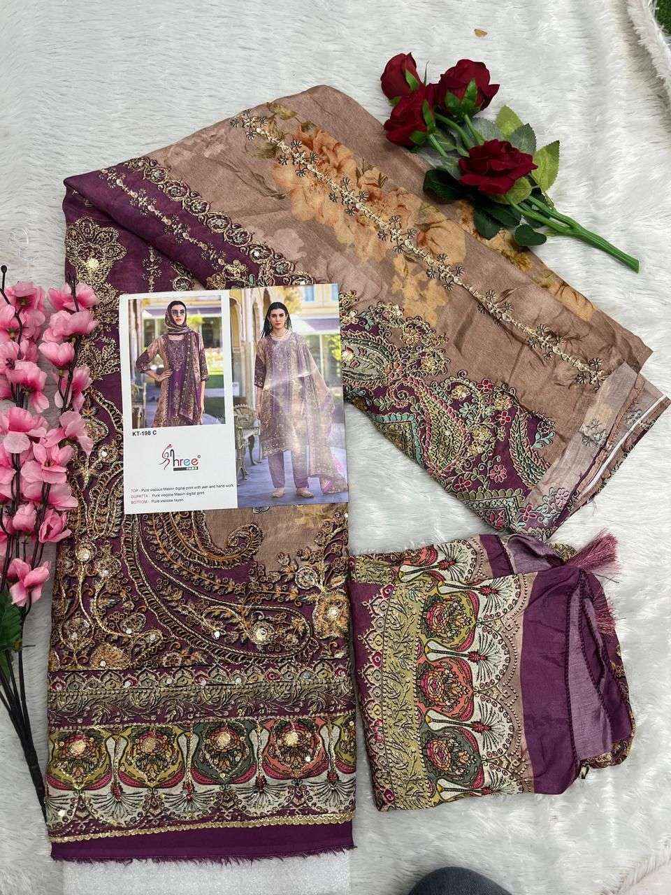 SHREE FAB DESIGN NO - KT - 198 PURE VISCOSE MUSLIN DIGUTAL PRINT AARI HAND WORK PAKISTANI SALWAR KAMEEZ WHOLESALE PRICE ( 4 PCS CATALOG )
