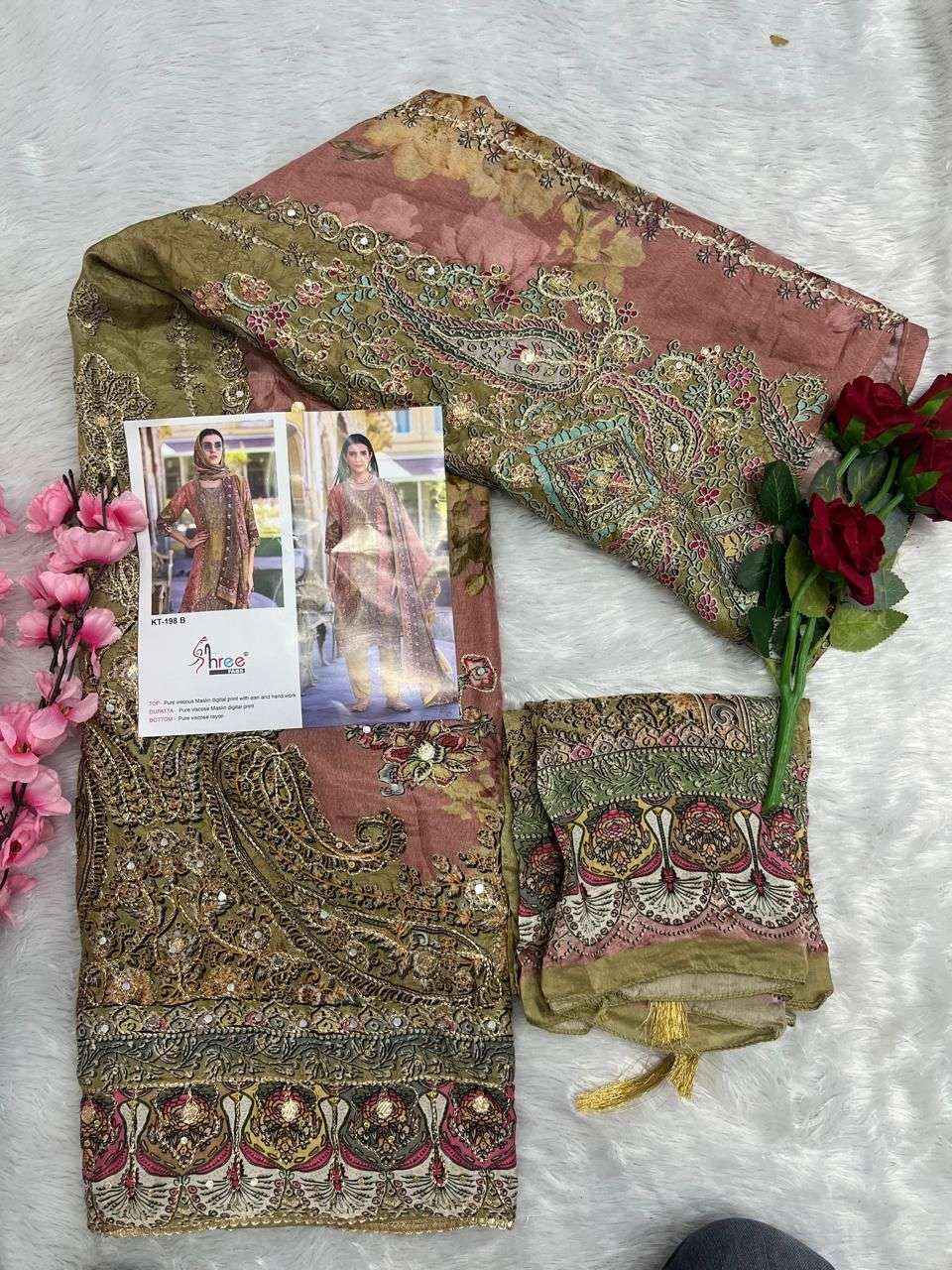 SHREE FAB DESIGN NO - KT - 198 PURE VISCOSE MUSLIN DIGUTAL PRINT AARI HAND WORK PAKISTANI SALWAR KAMEEZ WHOLESALE PRICE ( 4 PCS CATALOG )