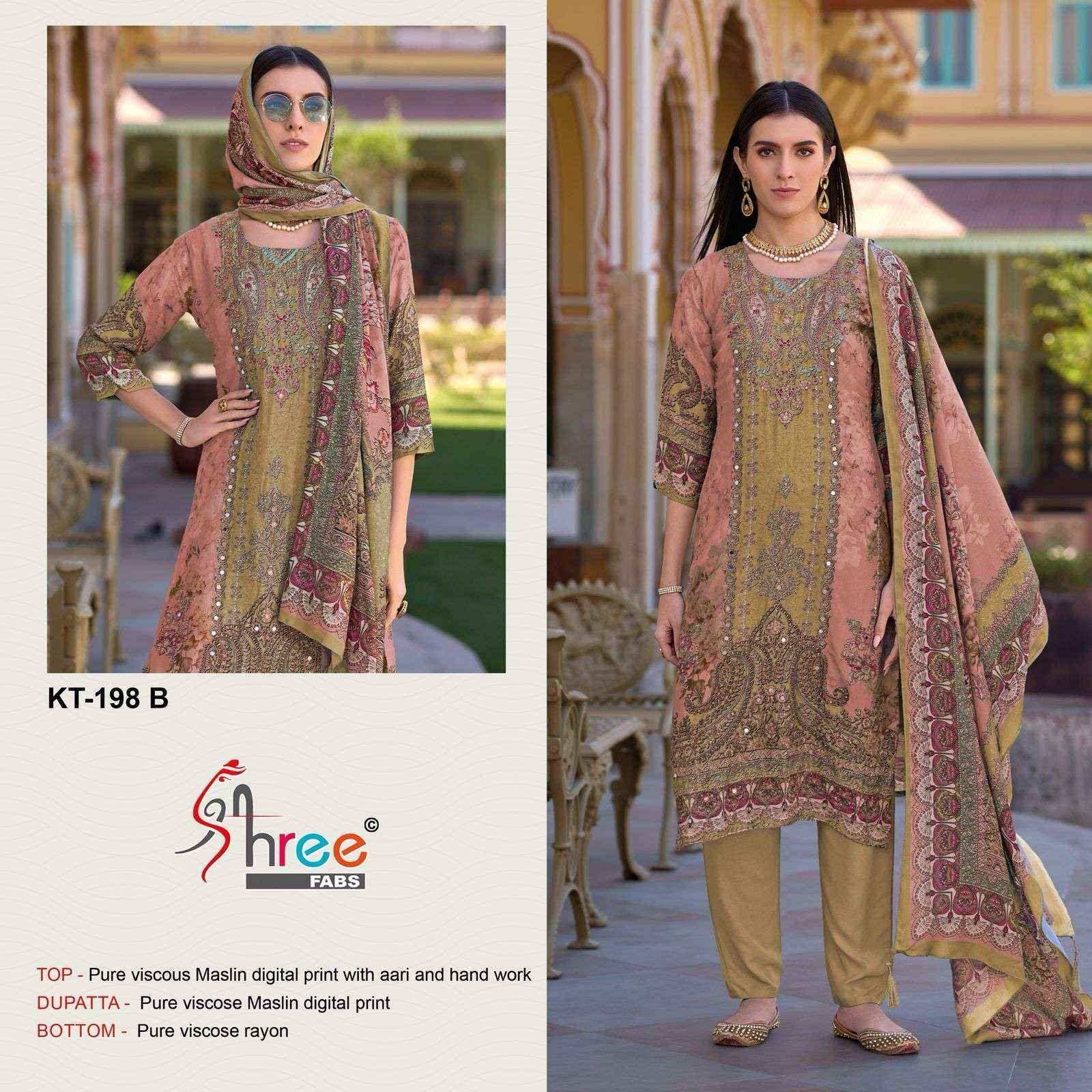 SHREE FAB DESIGN NO - KT - 198 PURE VISCOSE MUSLIN DIGUTAL PRINT AARI HAND WORK PAKISTANI SALWAR KAMEEZ WHOLESALE PRICE ( 4 PCS CATALOG )