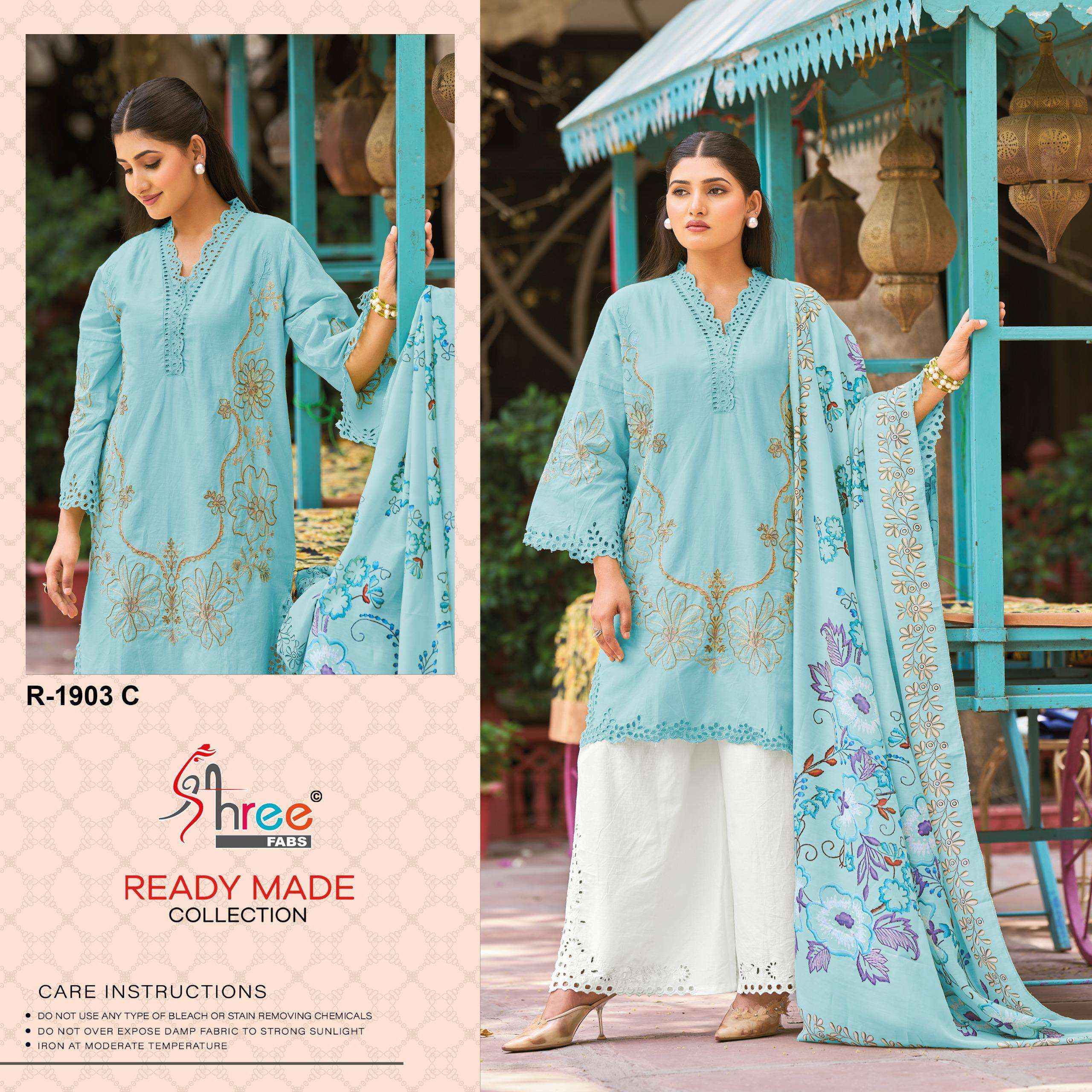 SHREE FABS R 1903 COTTON EMBROIDERY DESIGNER WORK SUIT WHOLESALE PRICE ( 4 PCS CATALOG )