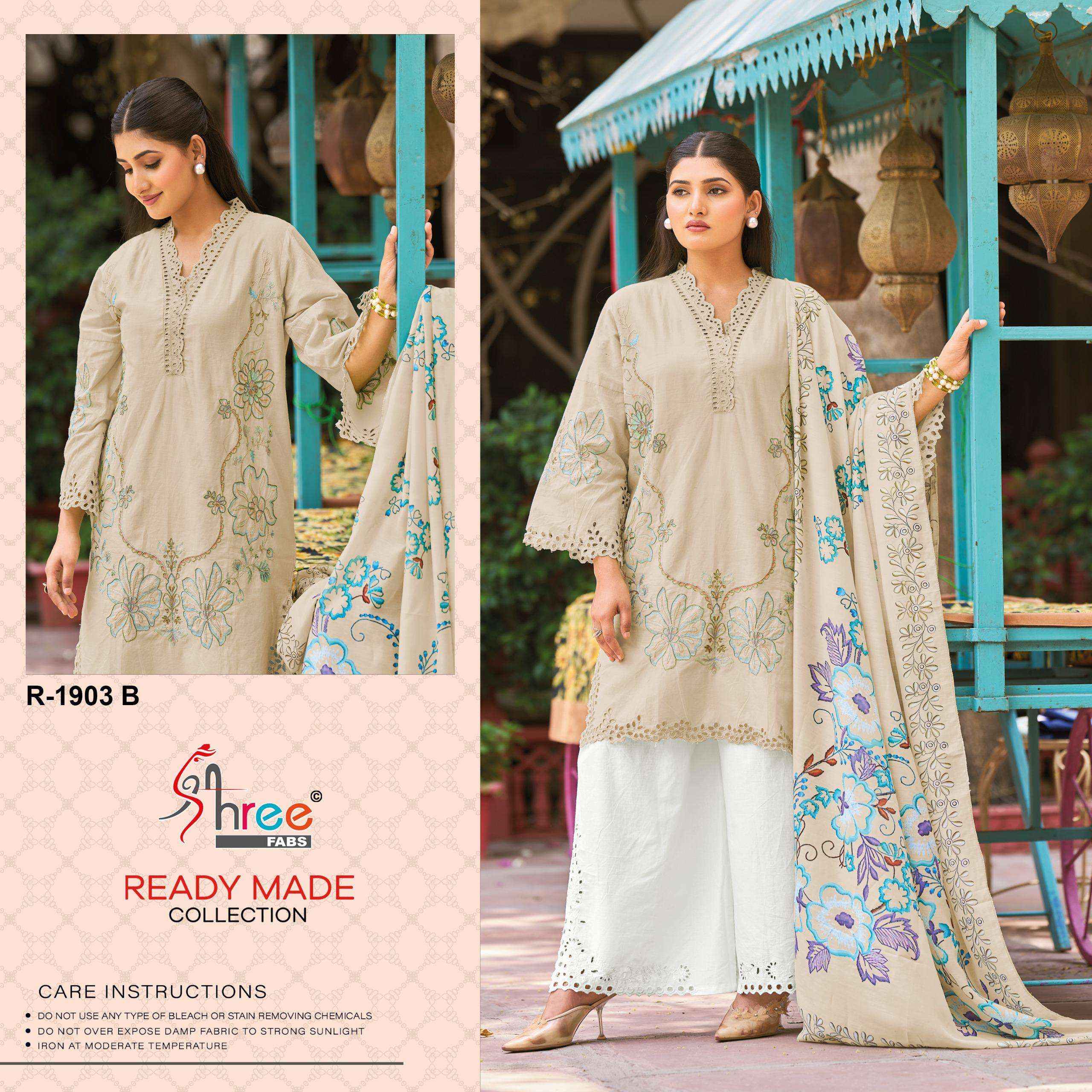 SHREE FABS R 1903 COTTON EMBROIDERY DESIGNER WORK SUIT WHOLESALE PRICE ( 4 PCS CATALOG )