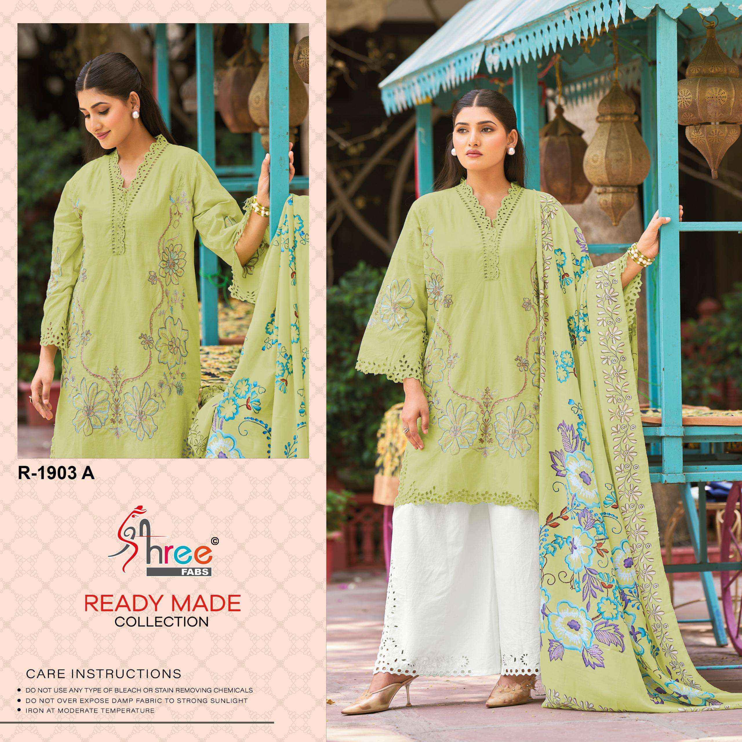 SHREE FABS R 1903 COTTON EMBROIDERY DESIGNER WORK SUIT WHOLESALE PRICE ( 4 PCS CATALOG )