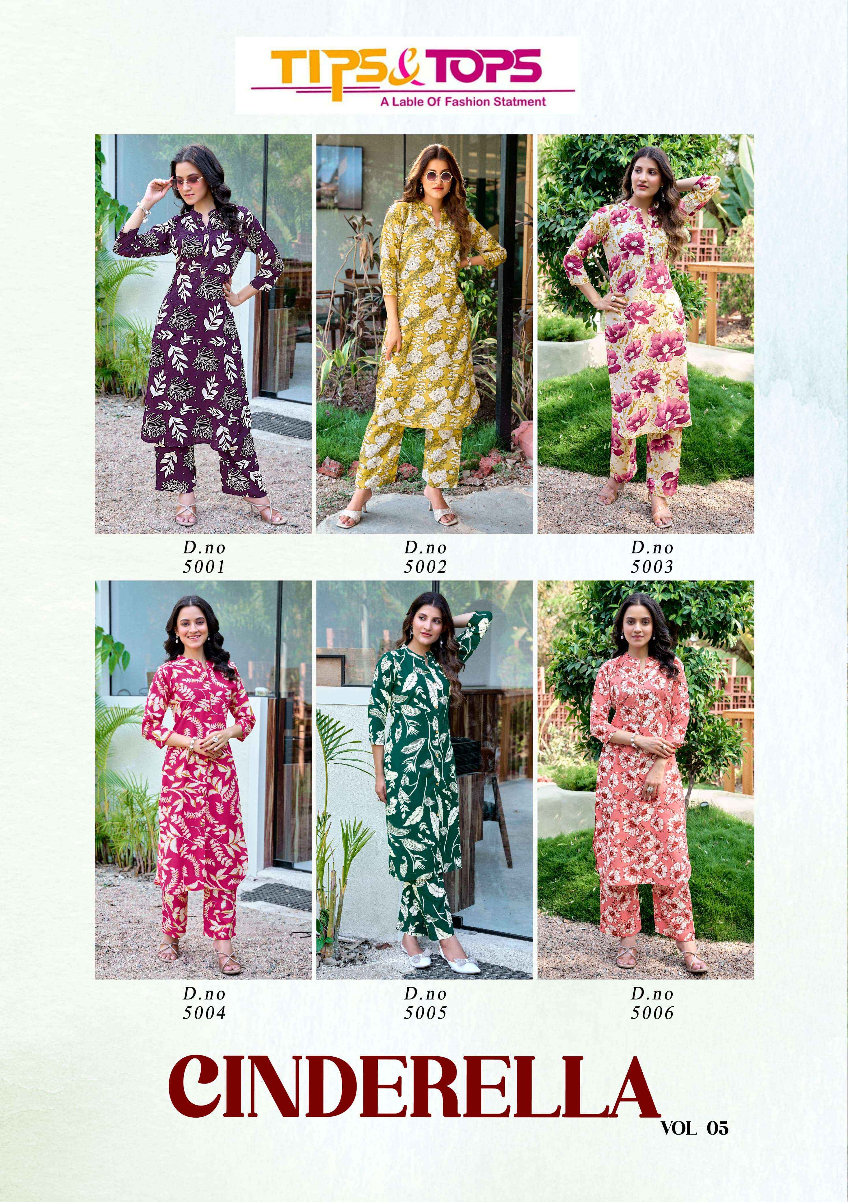 TIPS AND TOPS CINDERELLA VOL 5 RAYON PRINT FANCY KURTI WITH BOTTOM PAIR WHOLESALE PRICE ( 6 PCS CATALOG )