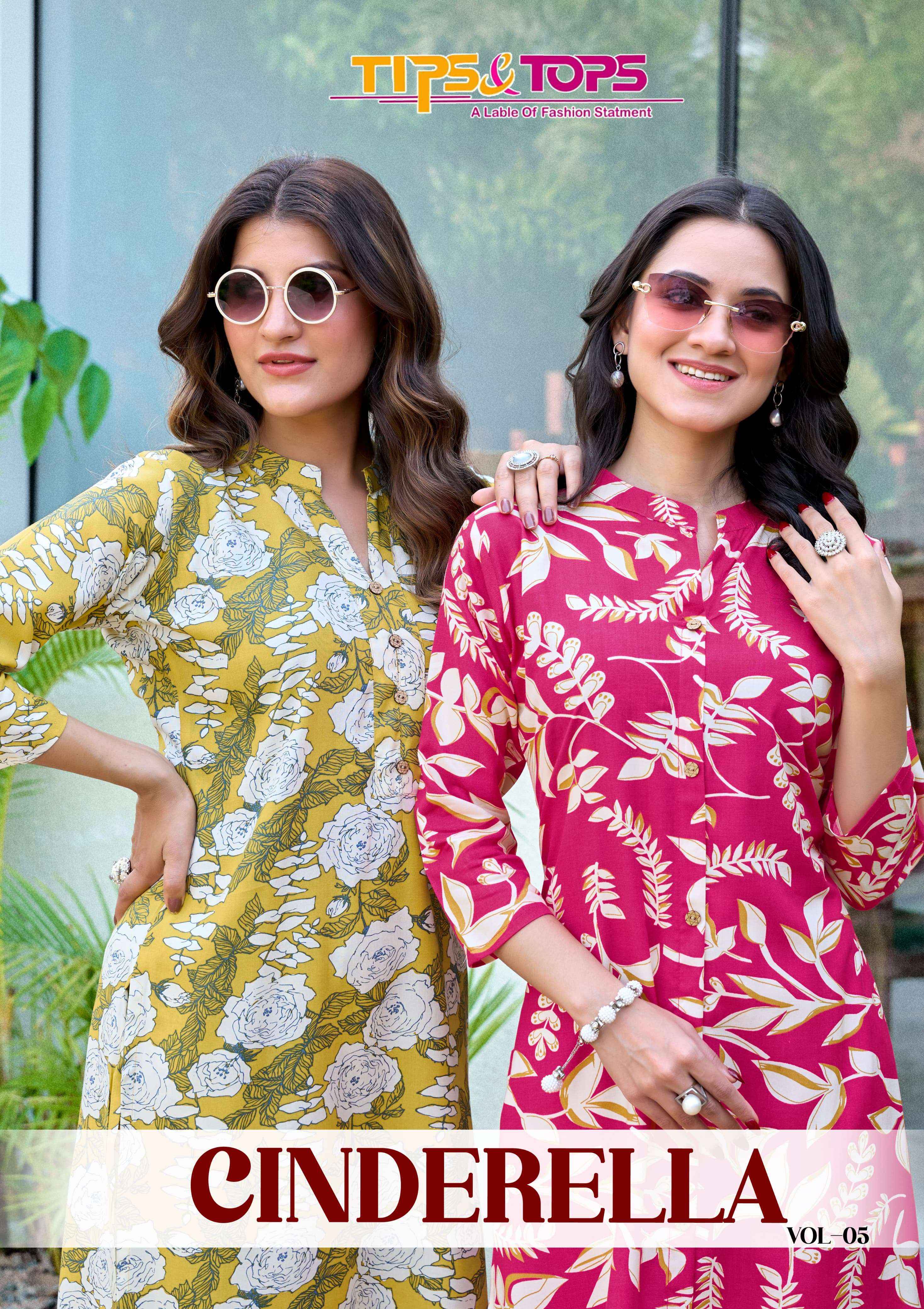 TIPS AND TOPS CINDERELLA VOL 5 RAYON PRINT FANCY KURTI WITH BOTTOM PAIR WHOLESALE PRICE ( 6 PCS CATALOG )