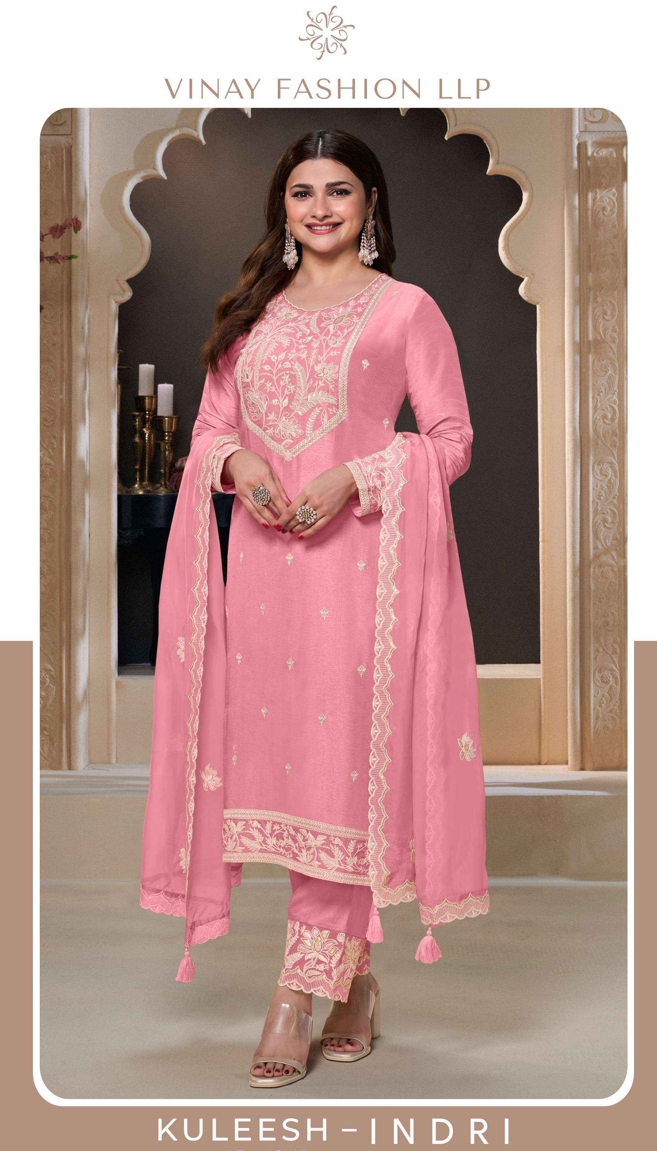 VINAY FASHION KULEESH INDRI SILK DESIGNER HEAVY FESTIVE WEAR SUIT WHOLESALE PRICE ( 4 PCS CATALOG )
