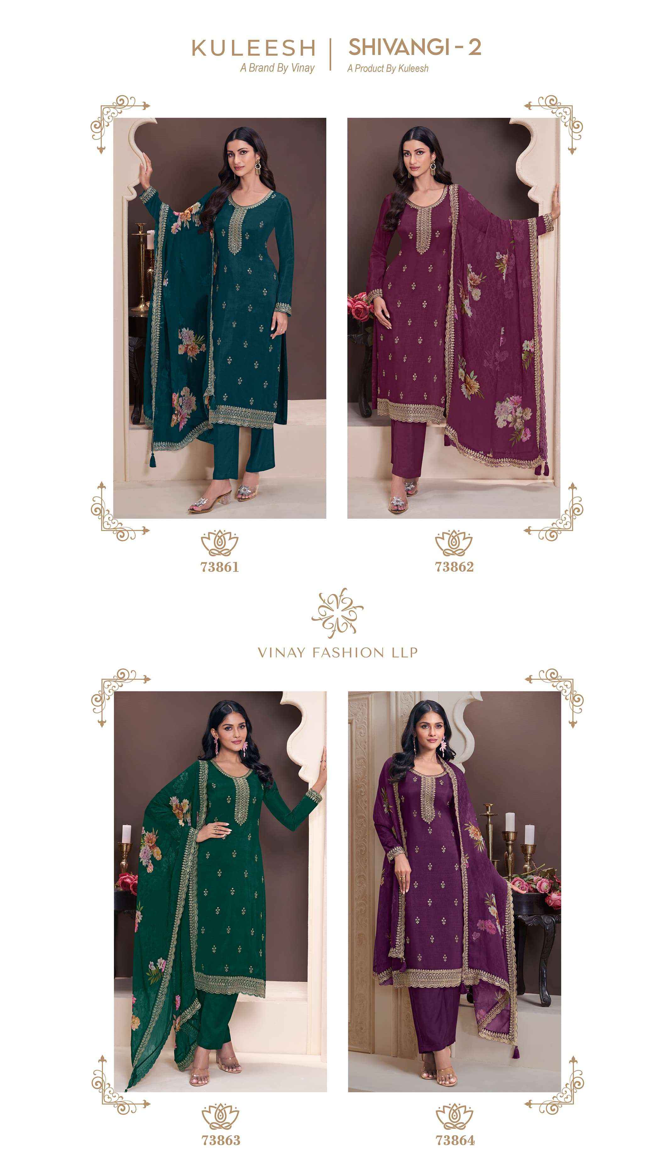 VINAY FASHION KULEESH SHIVANGI VOL 2 SILK EMBBROIDERY DESIGNER SUIT WHOLESALE PRICE ( 4 PCS CATALOG )