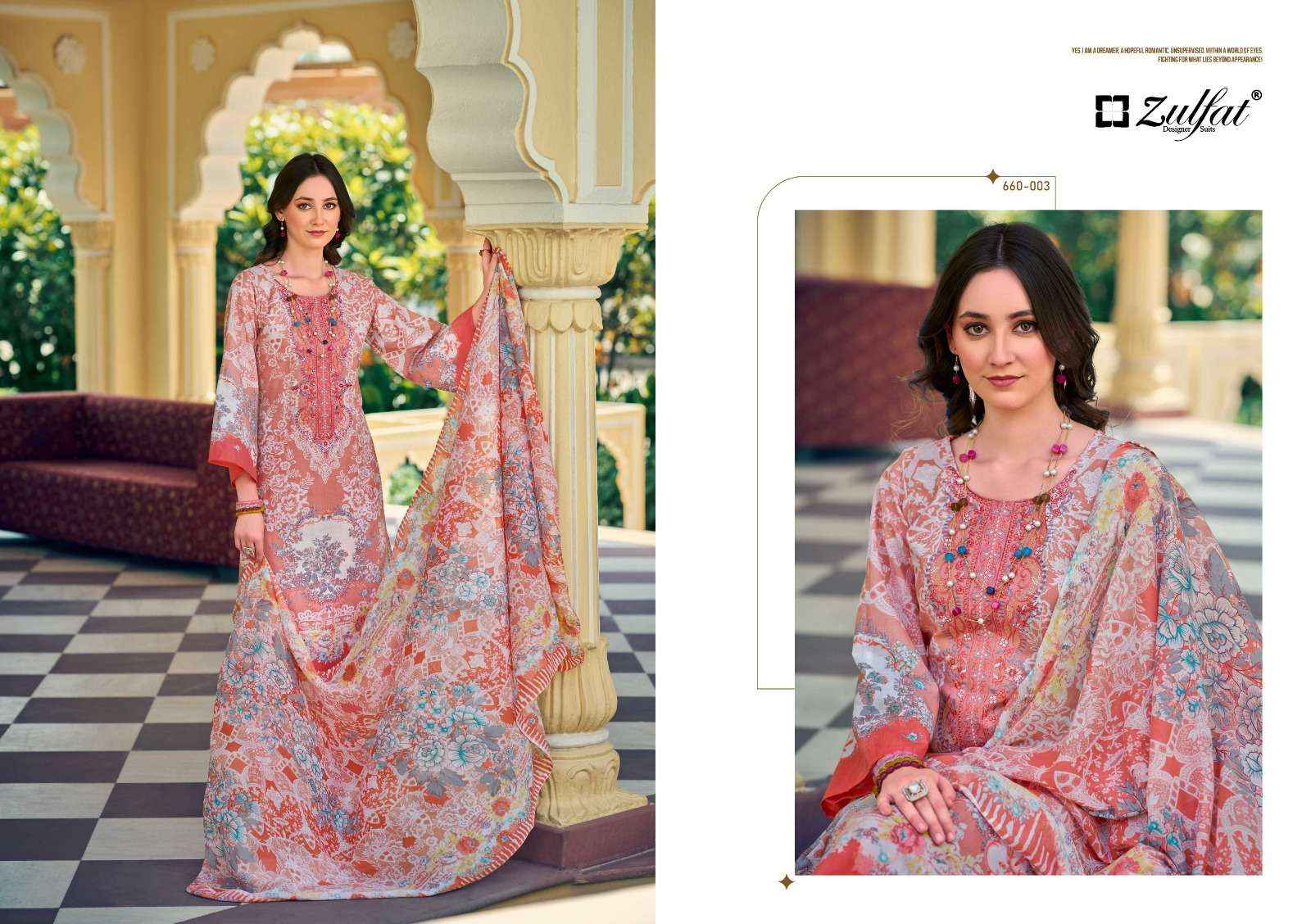 ZULFAT DESIGNER SUITS GULNAAZ VOL 4 COTTON PRINT WITH FANCY WORK SUIT WHOLESALE RATE ( 8 PCS CATALOG )