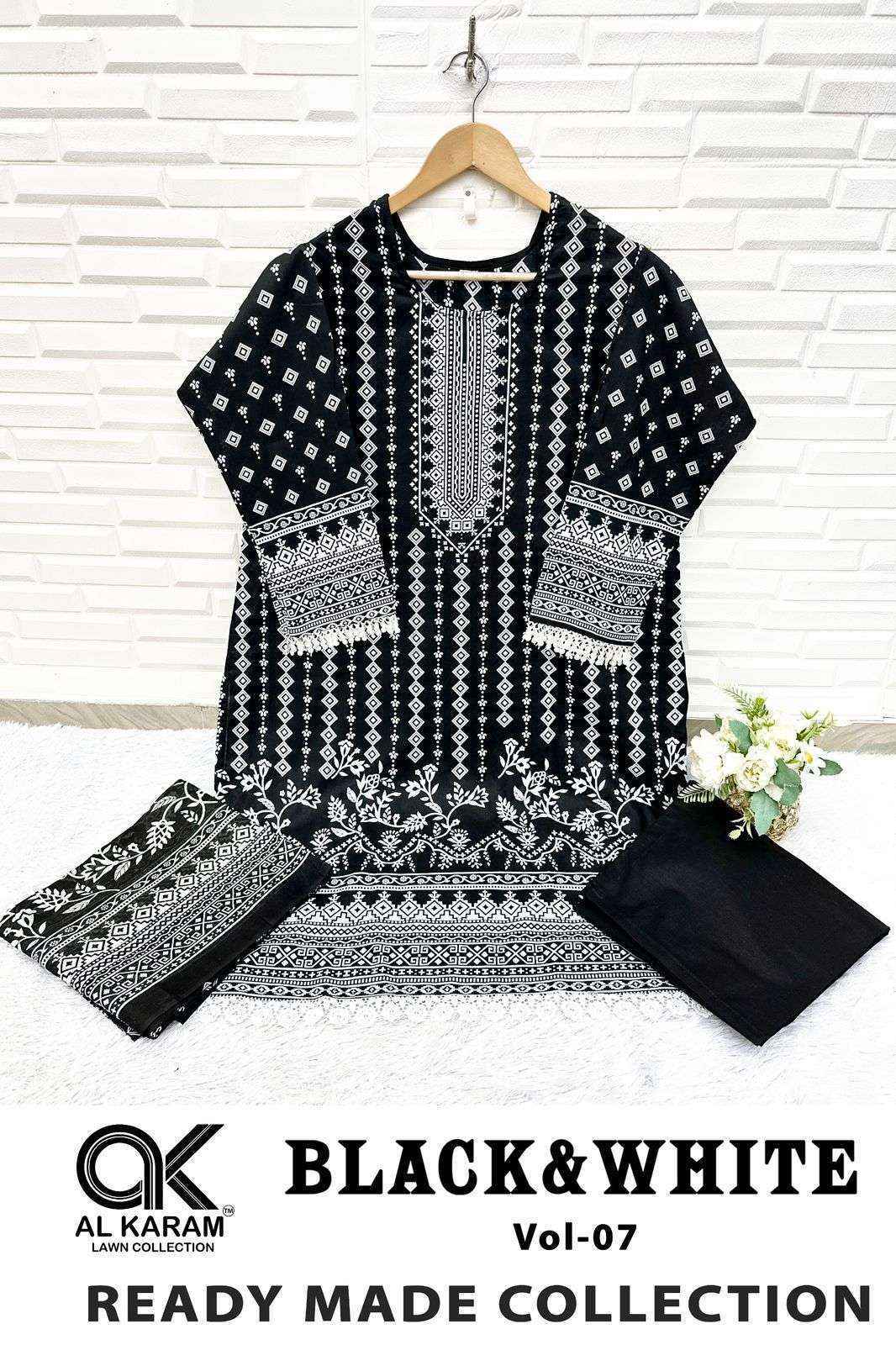 Al Karam Black And White Vol 7 Readymade Lawn Cotton Suit Wholesale Price ( 6 Pcs Catalog )