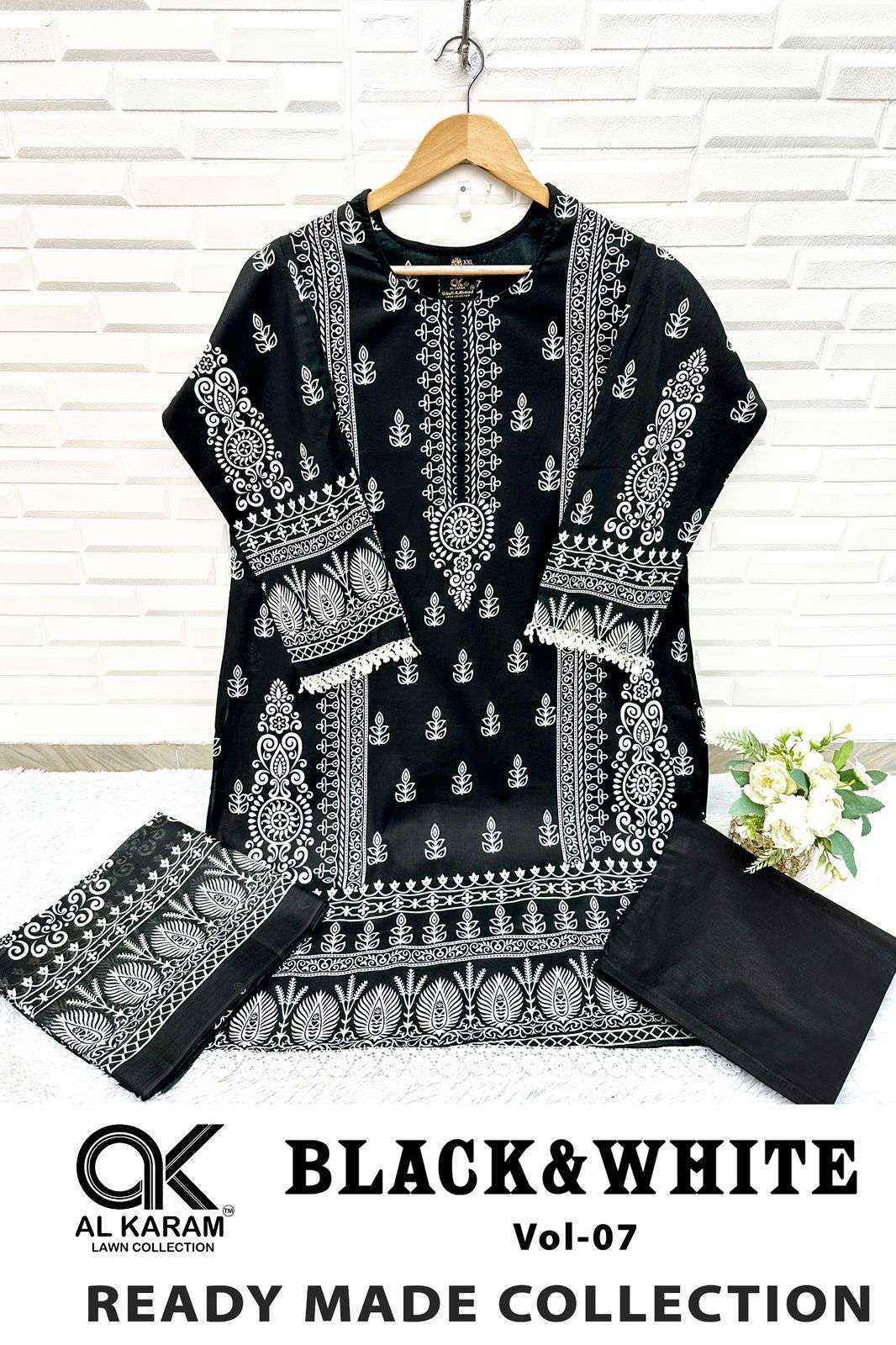 Al Karam Black And White Vol 7 Readymade Lawn Cotton Suit Wholesale Price ( 6 Pcs Catalog )