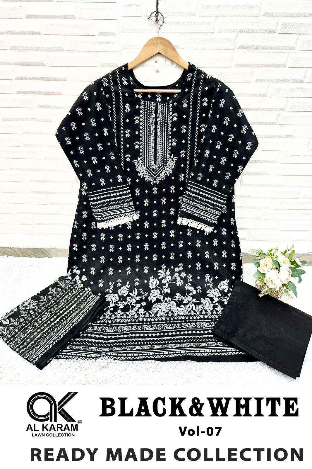 Al Karam Black And White Vol 7 Readymade Lawn Cotton Suit Wholesale Price ( 6 Pcs Catalog )