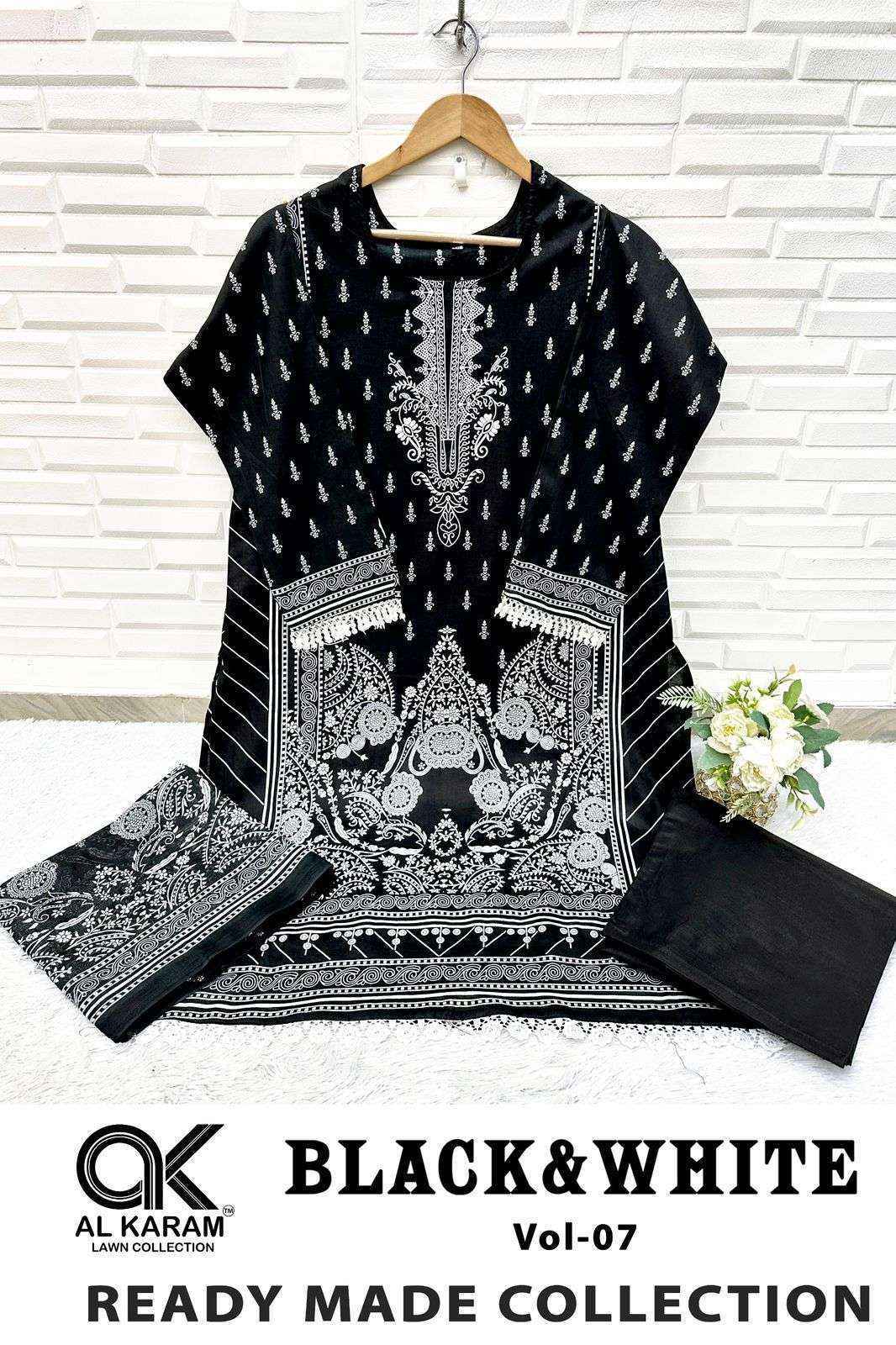 Al Karam Black And White Vol 7 Readymade Lawn Cotton Suit Wholesale Price ( 6 Pcs Catalog )