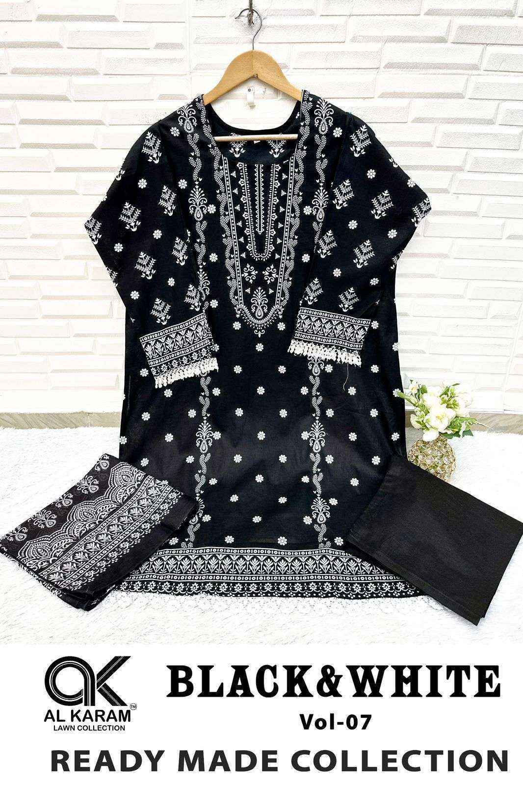 Al Karam Black And White Vol 7 Readymade Lawn Cotton Suit Wholesale Price ( 6 Pcs Catalog )