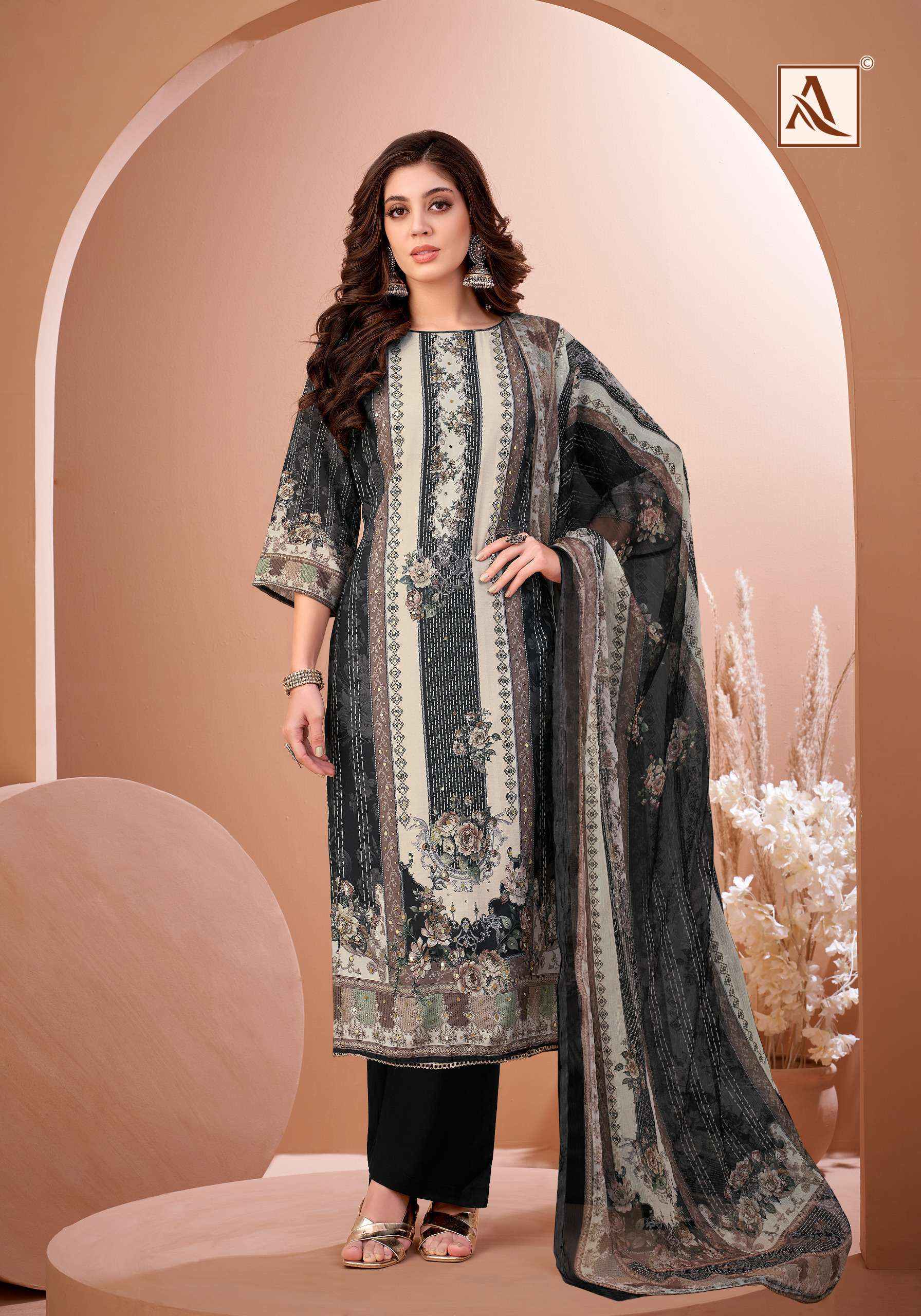 Alok Black Mirror Viscose Muslin Dress Material Wholesale Market Surat ( 8 pcs Catalogue