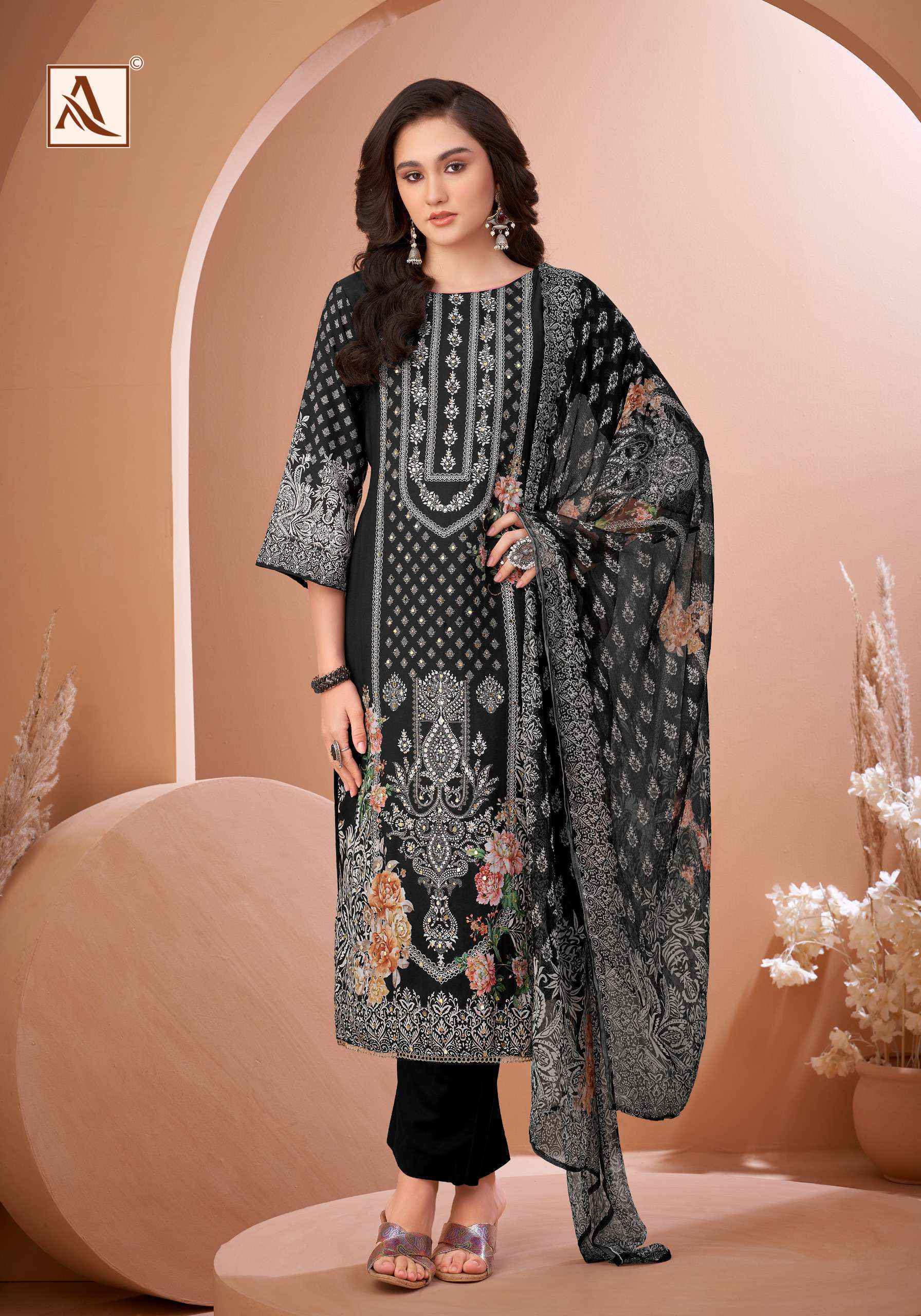 Alok Black Mirror Viscose Muslin Dress Material Wholesale Market Surat ( 8 pcs Catalogue