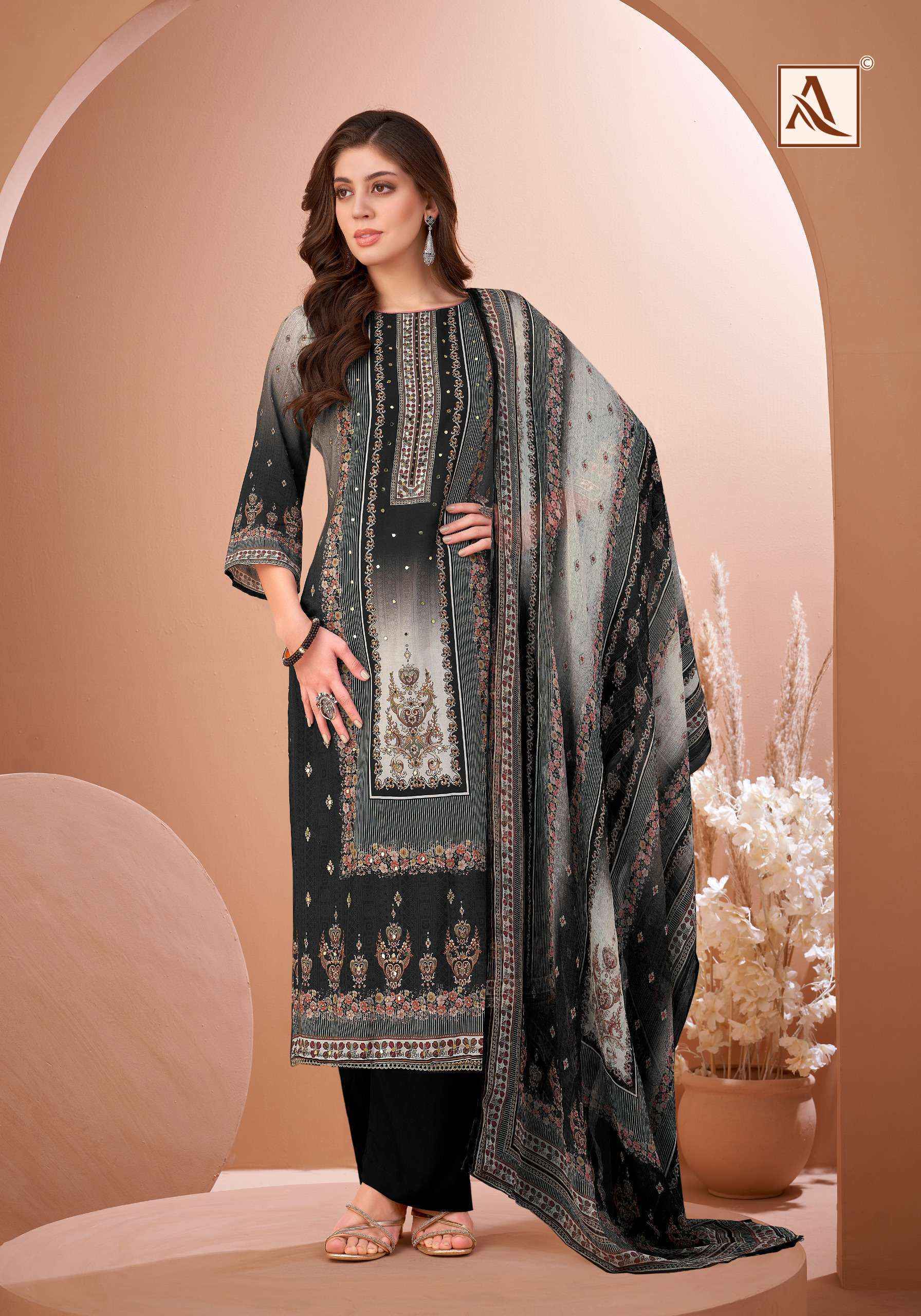 Alok Black Mirror Viscose Muslin Dress Material Wholesale Market Surat ( 8 pcs Catalogue