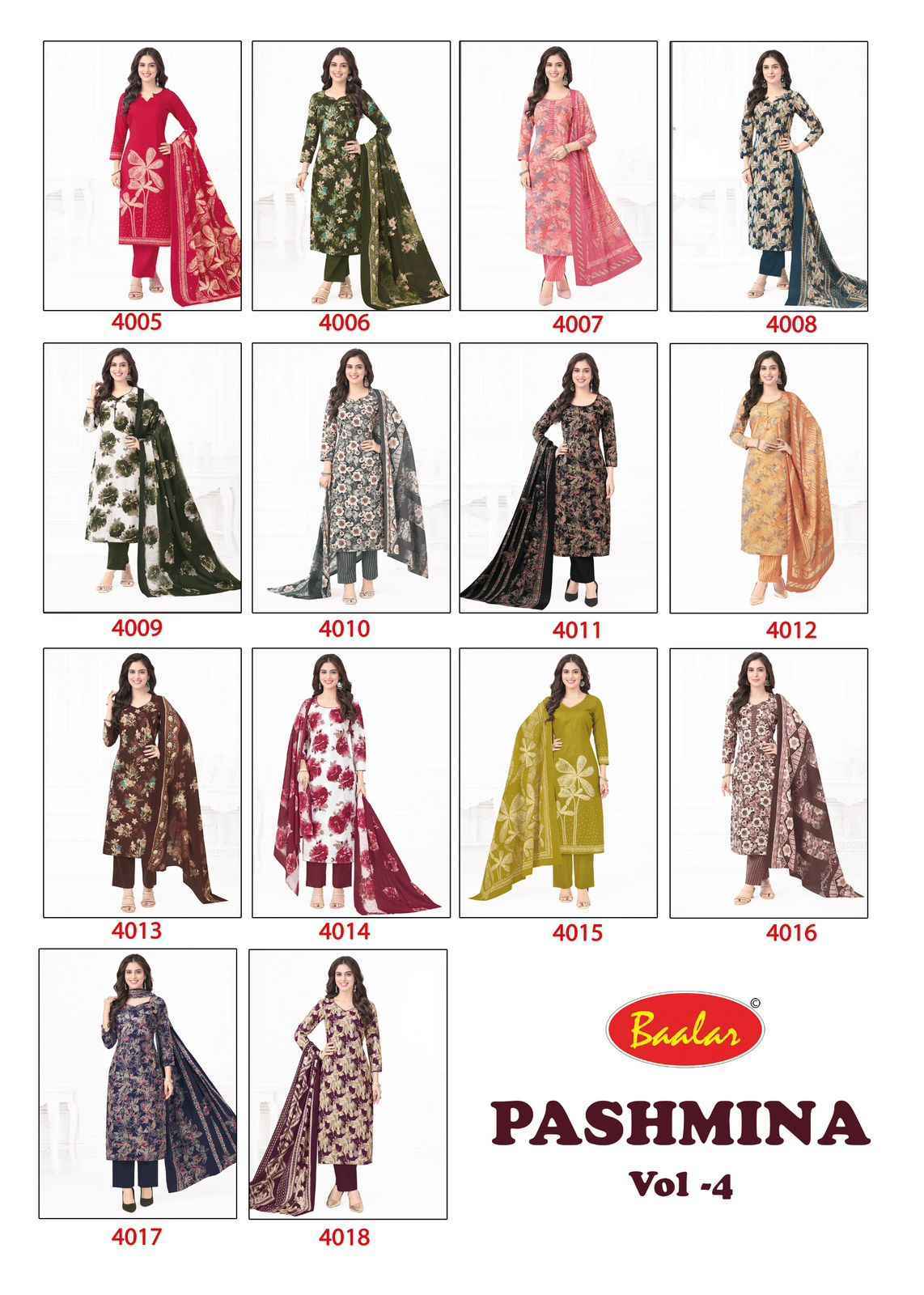 Baalar Pashmina Vol 4 Lawn Cotton Dress Material Surat Wholesale (18 pcs Catalogue