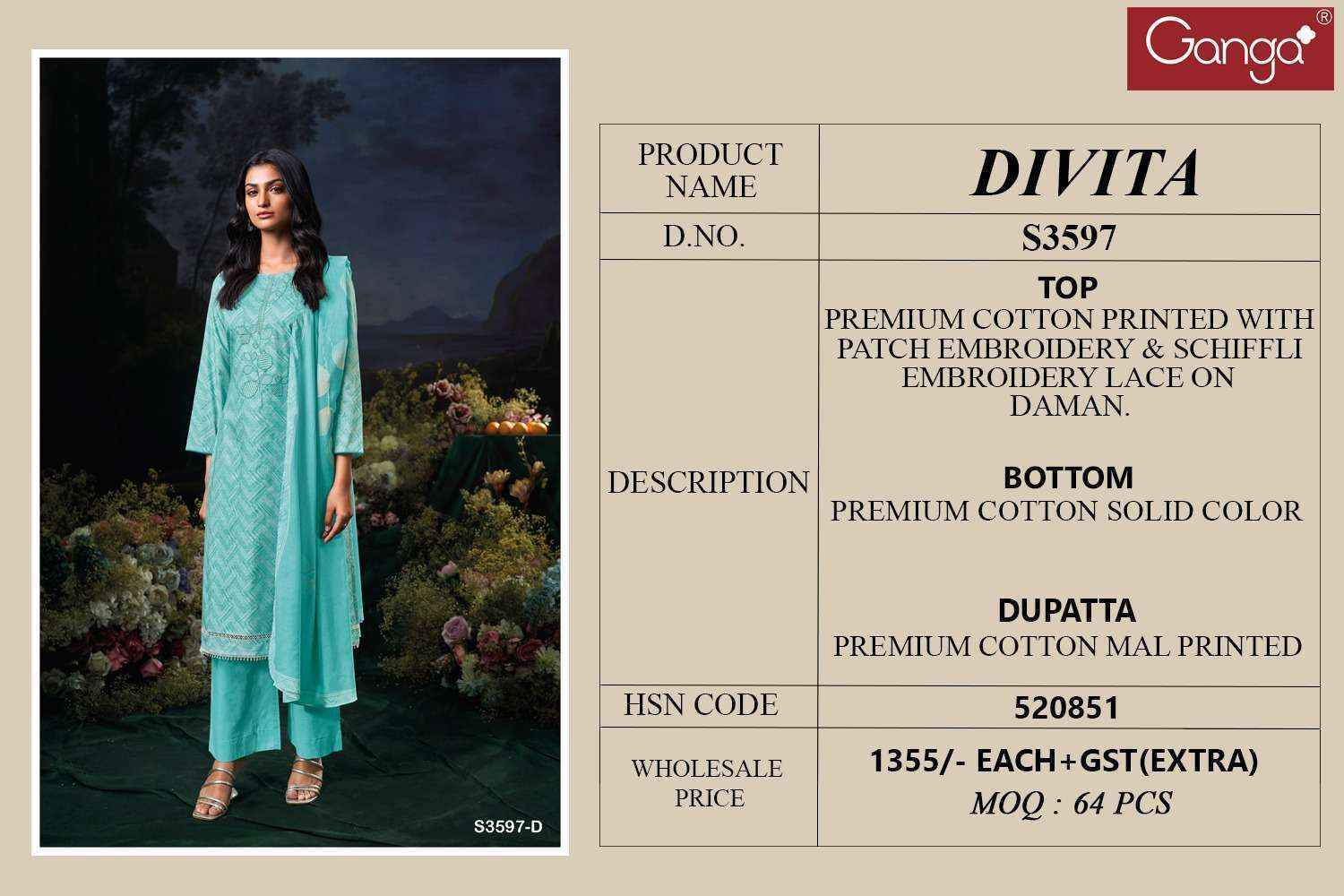 Ganga Divita 3597 Cotton Dress Material New Catalog ( 4 pcs Catalogue )
