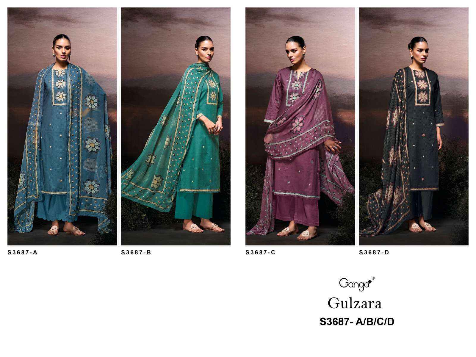 Ganga Gulzara 3687 Satin Cotton Dress Material Wholesale Price ( 4 Pcs Catalog )