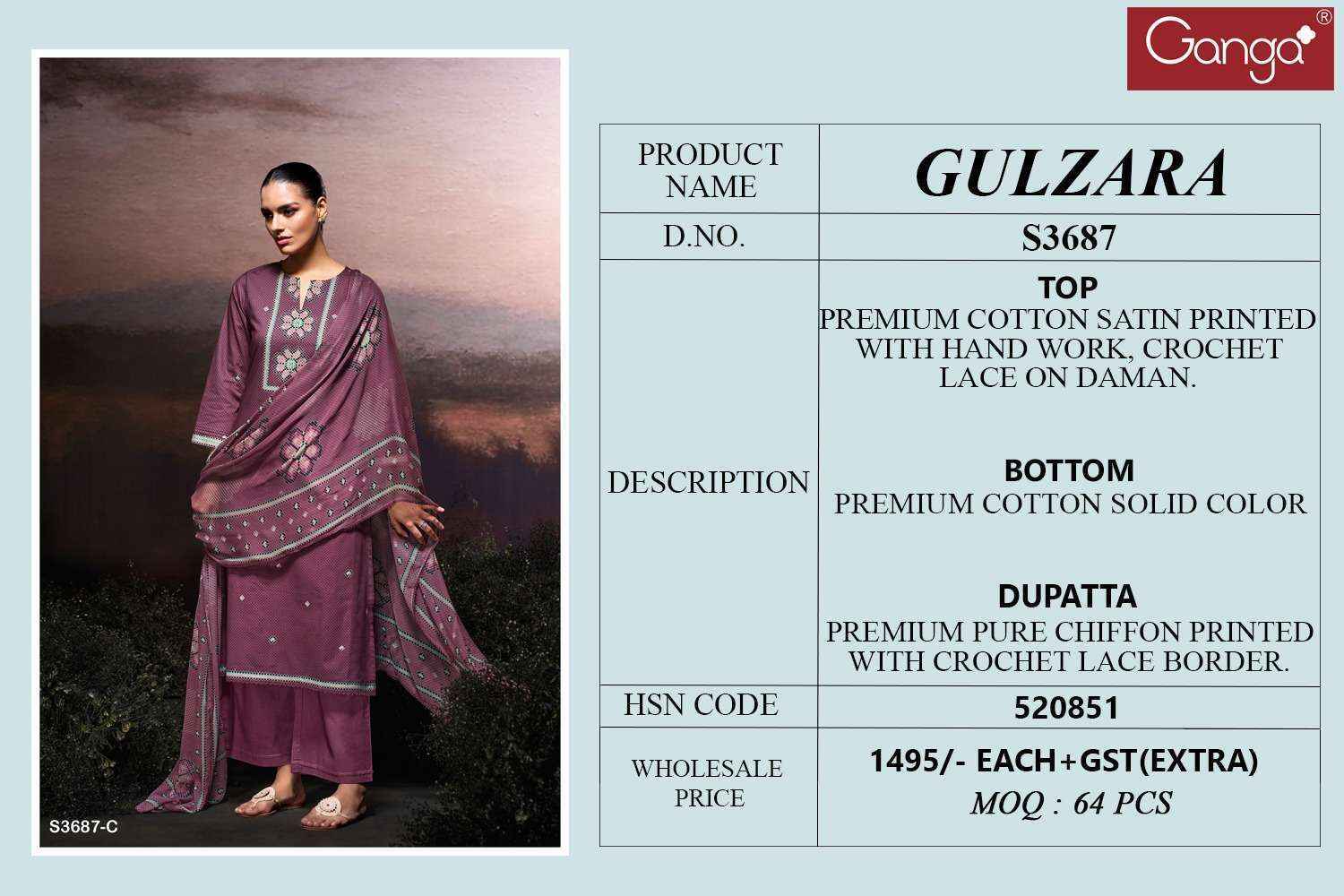 Ganga Gulzara 3687 Satin Cotton Dress Material Wholesale Price ( 4 Pcs Catalog )