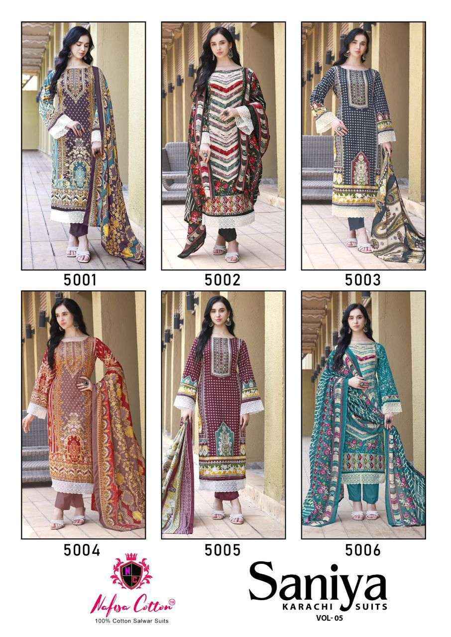 NAFISA COTTON SANIYA KARACHI SUITS VOL 5 COTTON DIGITAL KARACHI PRINTS DRESS MATERIAL WHOLESALE PRICE ( 6 PCS CATALOG )