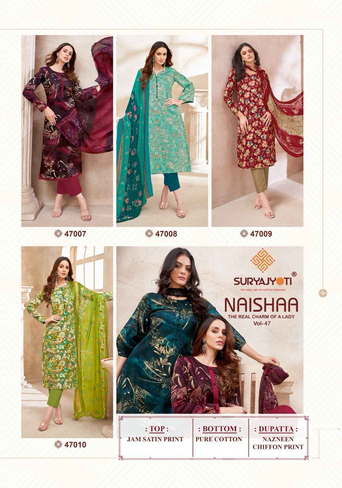 Suryajyoti Naishaa Vol 47 Jam Satin Dress Material Wholesale Price ( 10 pcs Catalogue