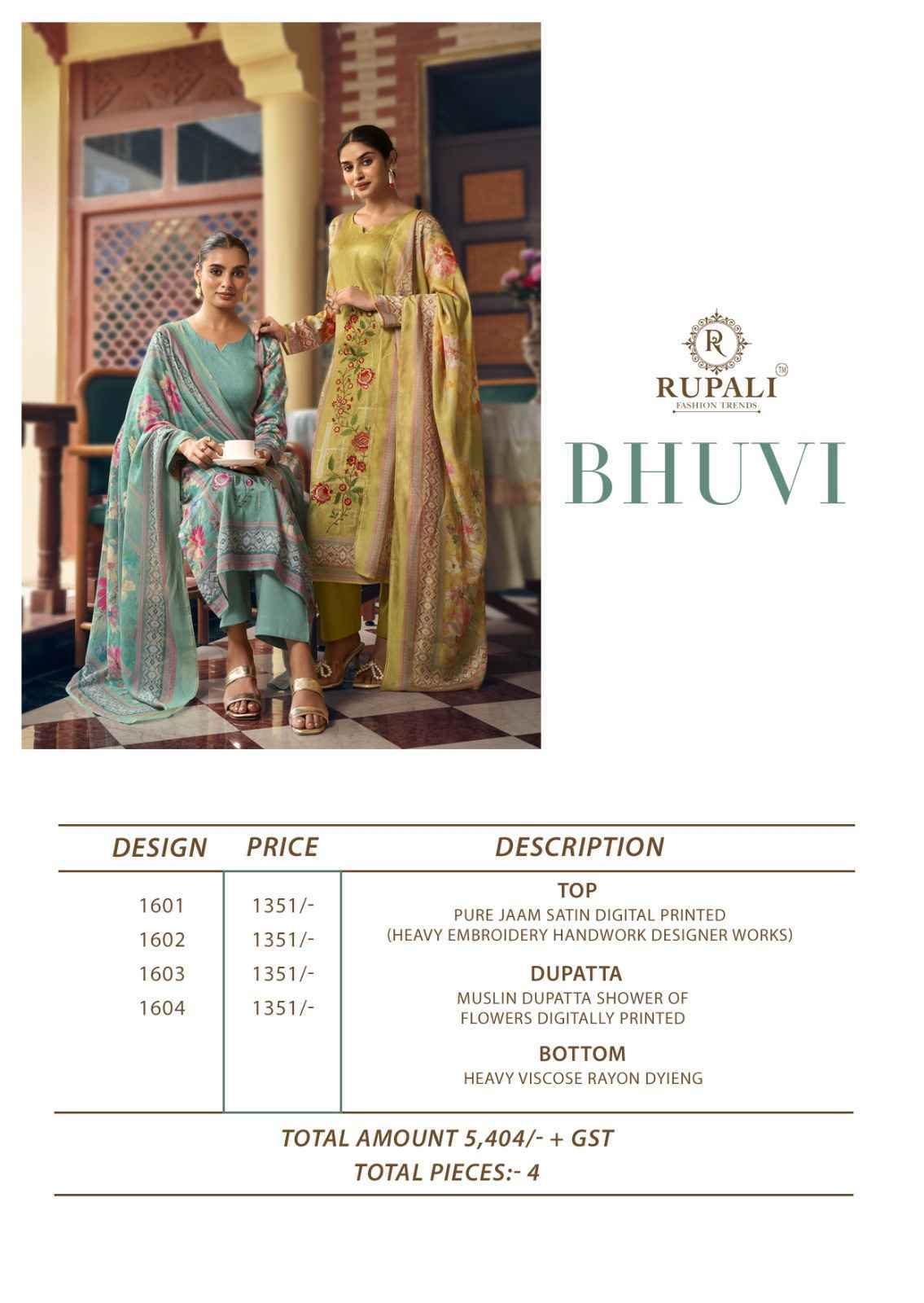 Rupali Fashion Bhuvi Jaam Satin Dress Material Wholesale Price ( 4 Pcs Catalog )