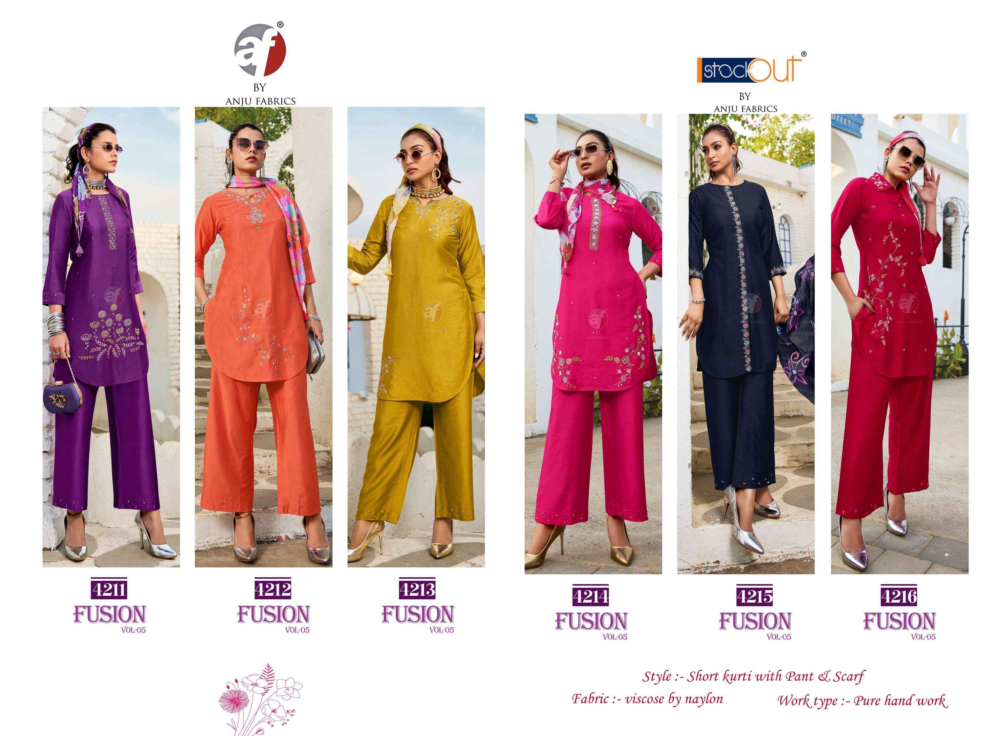 ANJU FABRICS FUSION VO 5 VISCOSE DESIGNER KURTI WITH PANT AND SCRAF ( 6 PCS CATALOG )