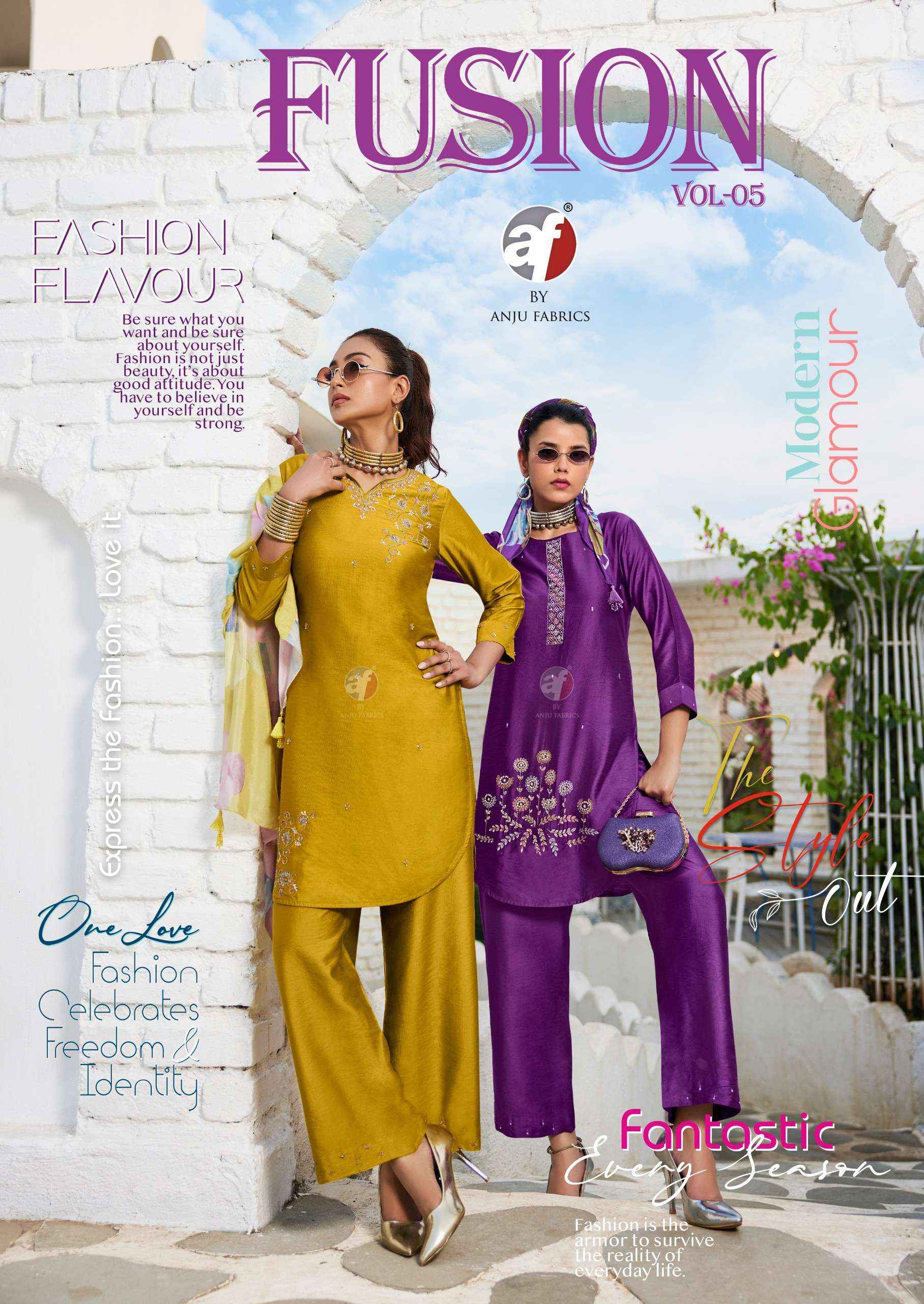 ANJU FABRICS FUSION VO 5 VISCOSE DESIGNER KURTI WITH PANT AND SCRAF ( 6 PCS CATALOG )