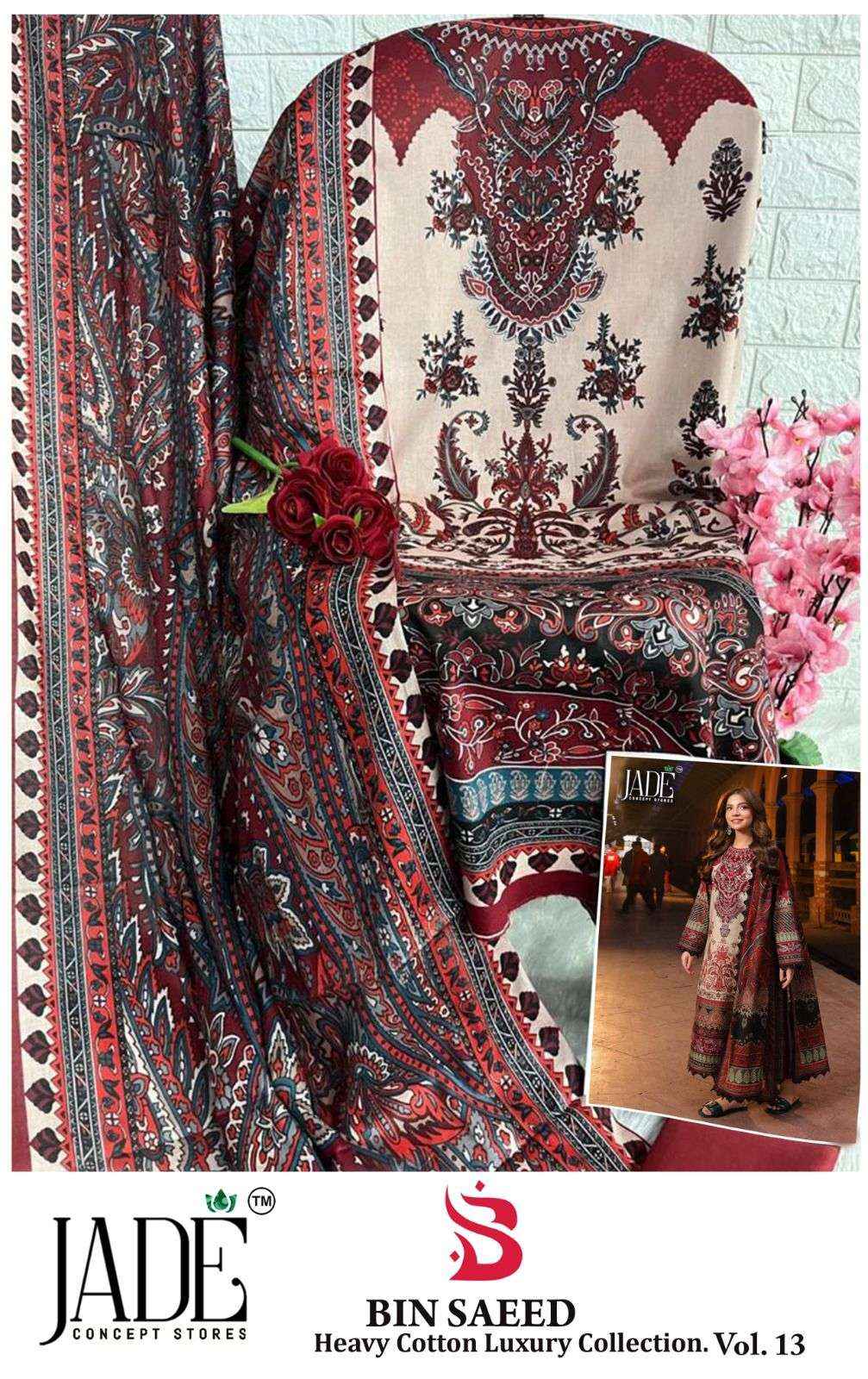 Jade Bin Saeed Vol 13 Pure Heavy Lawn Cotton Dress Material Wholesale Price ( 6 Pcs Catalog )