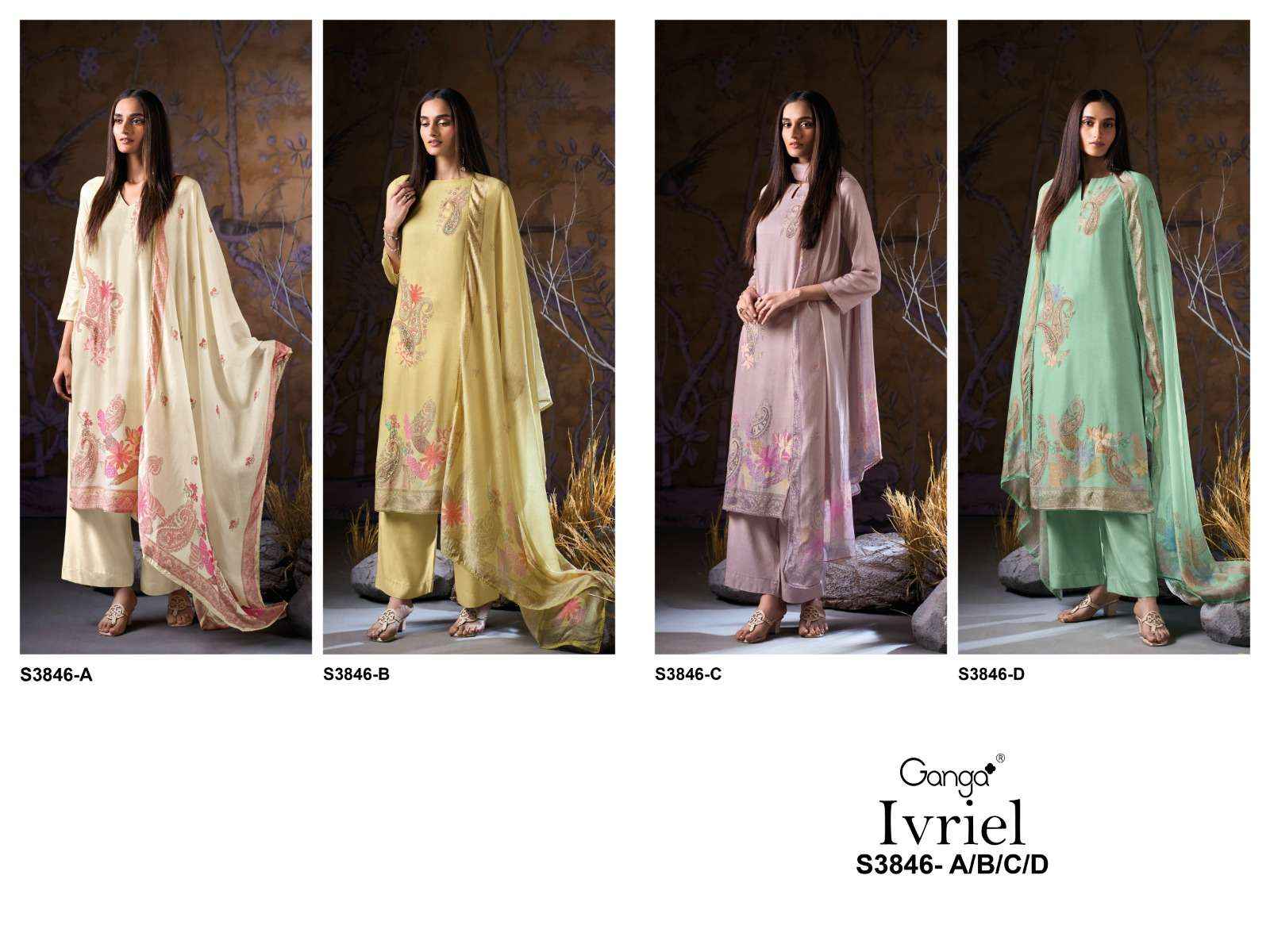 Ganga Fashion Ivriel 3846 Winter Wear Pure Wool Pashmina Suit Wholesale price ( 4 Pcs Catalog )