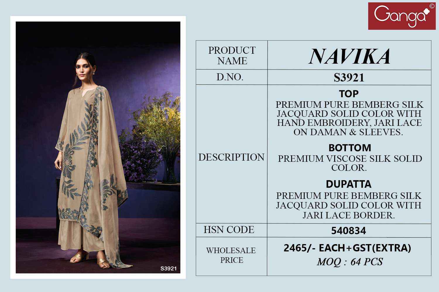 Ganga Fashion Navika 3921 Pure Bemberg Silk Suit Premium Collection Wholesale Price ( 1 Pcs Catalog )