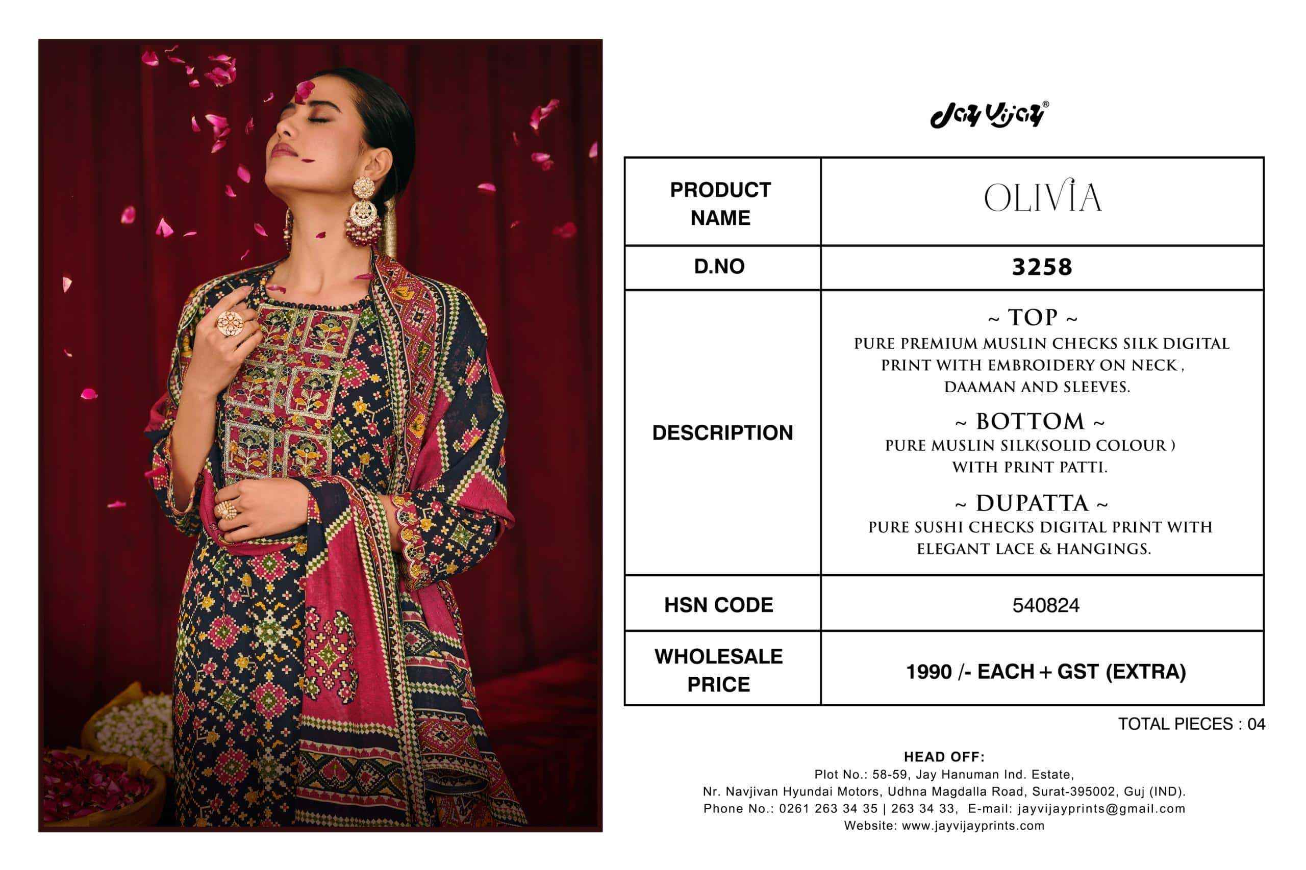 Jay Vijay Olivia 3258 Digital Printed Latest Muslin Dress Wholesale Price ( 4 Pcs Catalog )