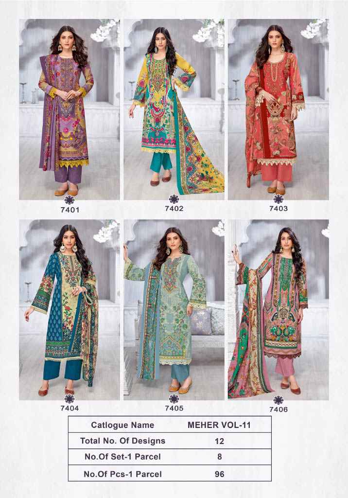 Kala Fashion Meher Vol-11 Dress Material Wholesale Price ( 12 Pcs Catalogue )