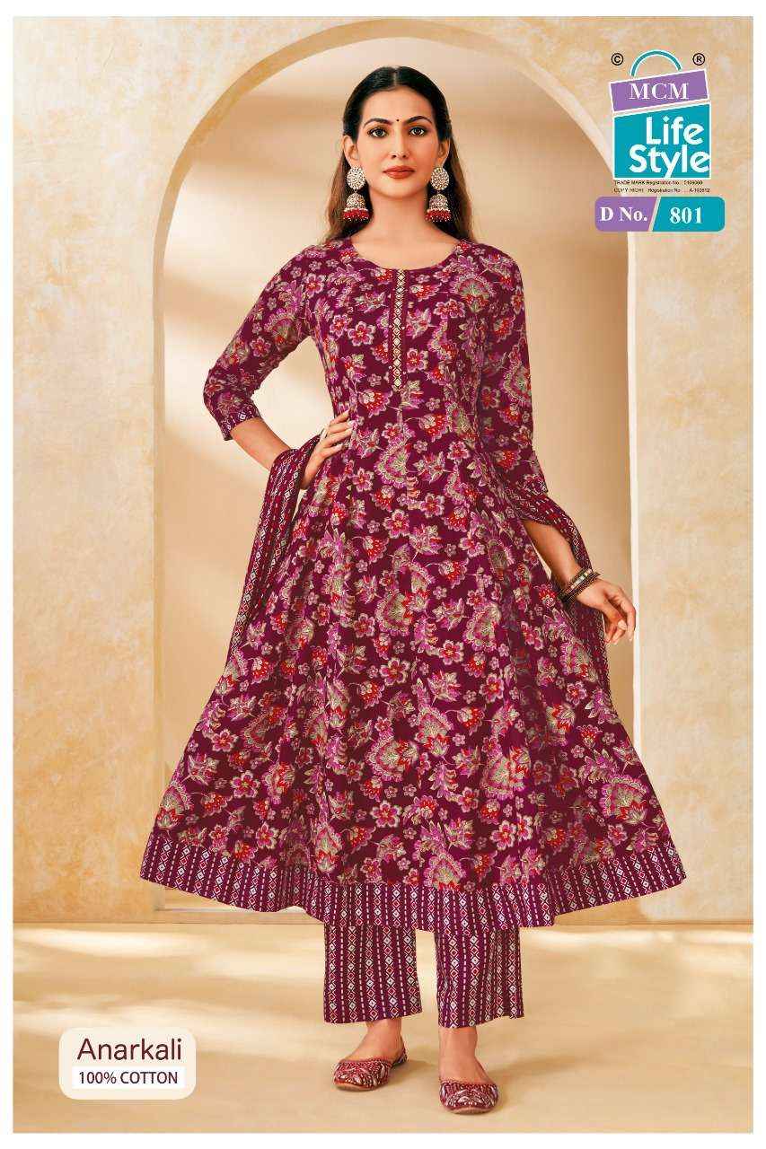 801 cotton wholesale readymade dress reviews MCM LIFESTYLE ANARKALI VOL 8 FANCY FROCK STYLE KURTI PANT AND DUPPATTA SET