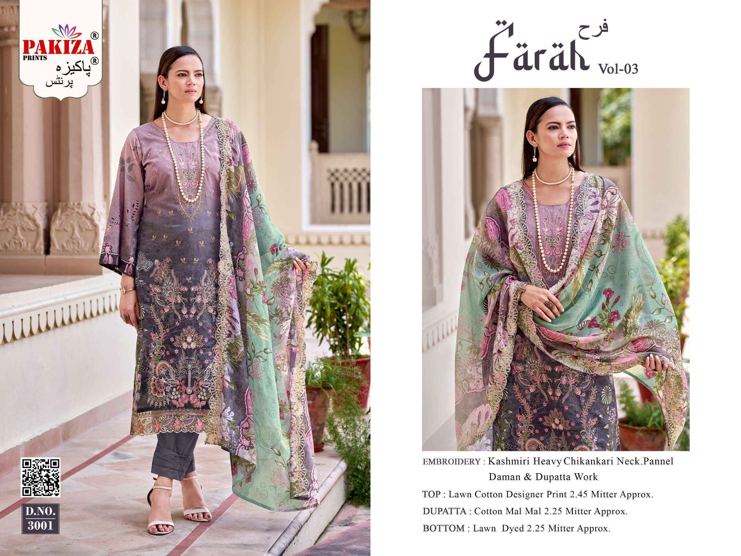 Pakiza Prints Farah Vol 3 Lawn Cotton Dress Material Wholesale Surat ( 8 pcs Catalogue )