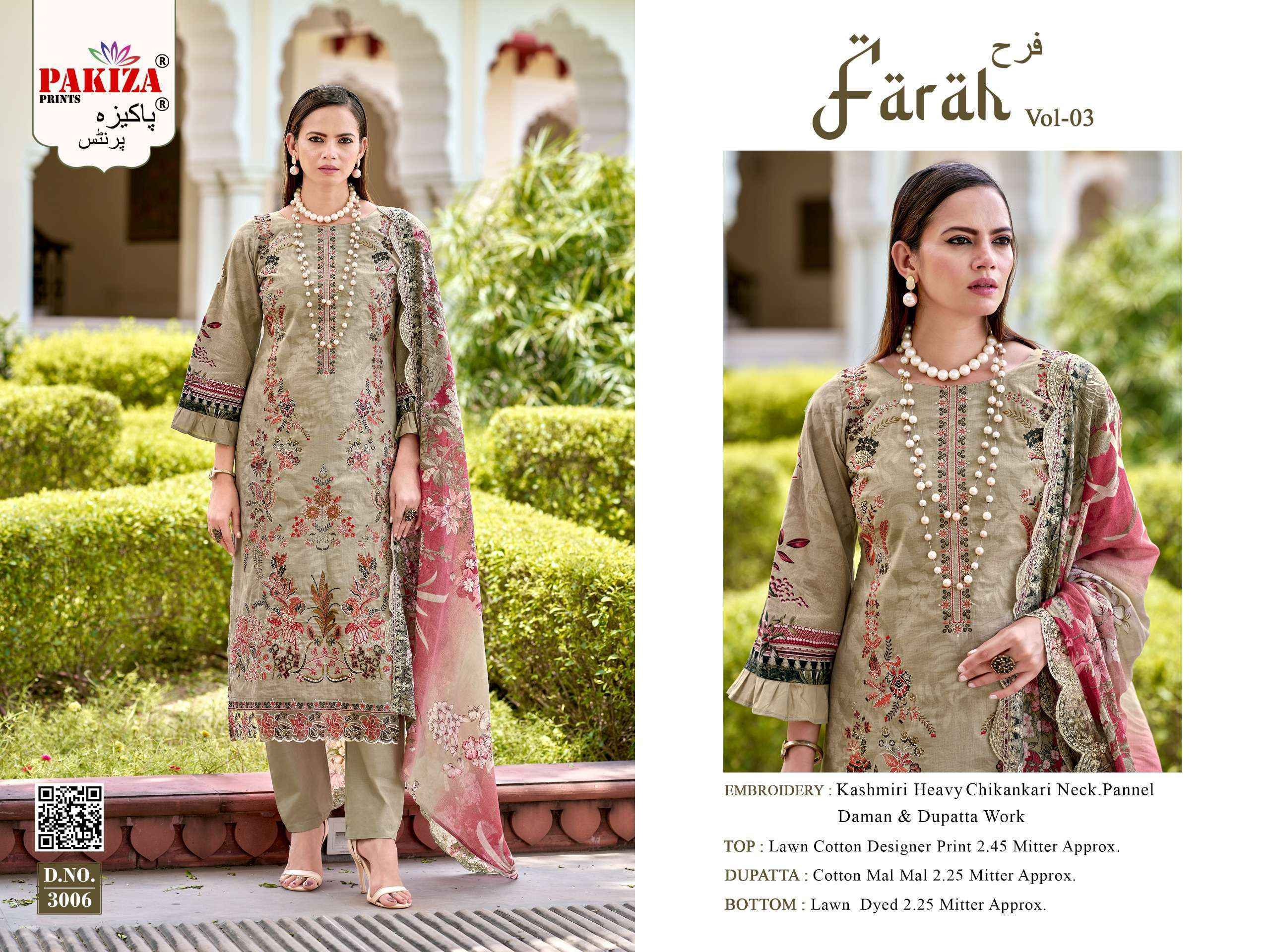 Pakiza Prints Farah Vol 3 Lawn Cotton Dress Material Wholesale Surat ( 8 pcs Catalogue )